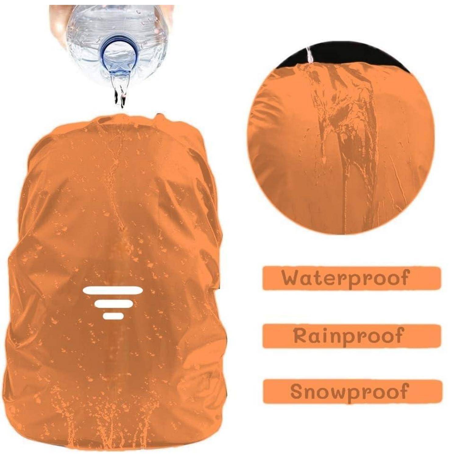 Orangener Rucksack-Regenschutz mit Wasser, das darüber fließt, beschriftet mit „Wasserdicht", „Regensicher"" und „Schneesicher"".