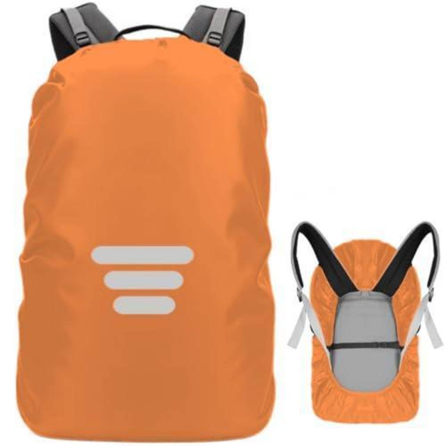 Orange wasserdichte Rucksackabdeckung, von vorne und hinten gezeigt, mit reflektierenden Streifen und Riemen zum Befestigen über einem Rucksack.