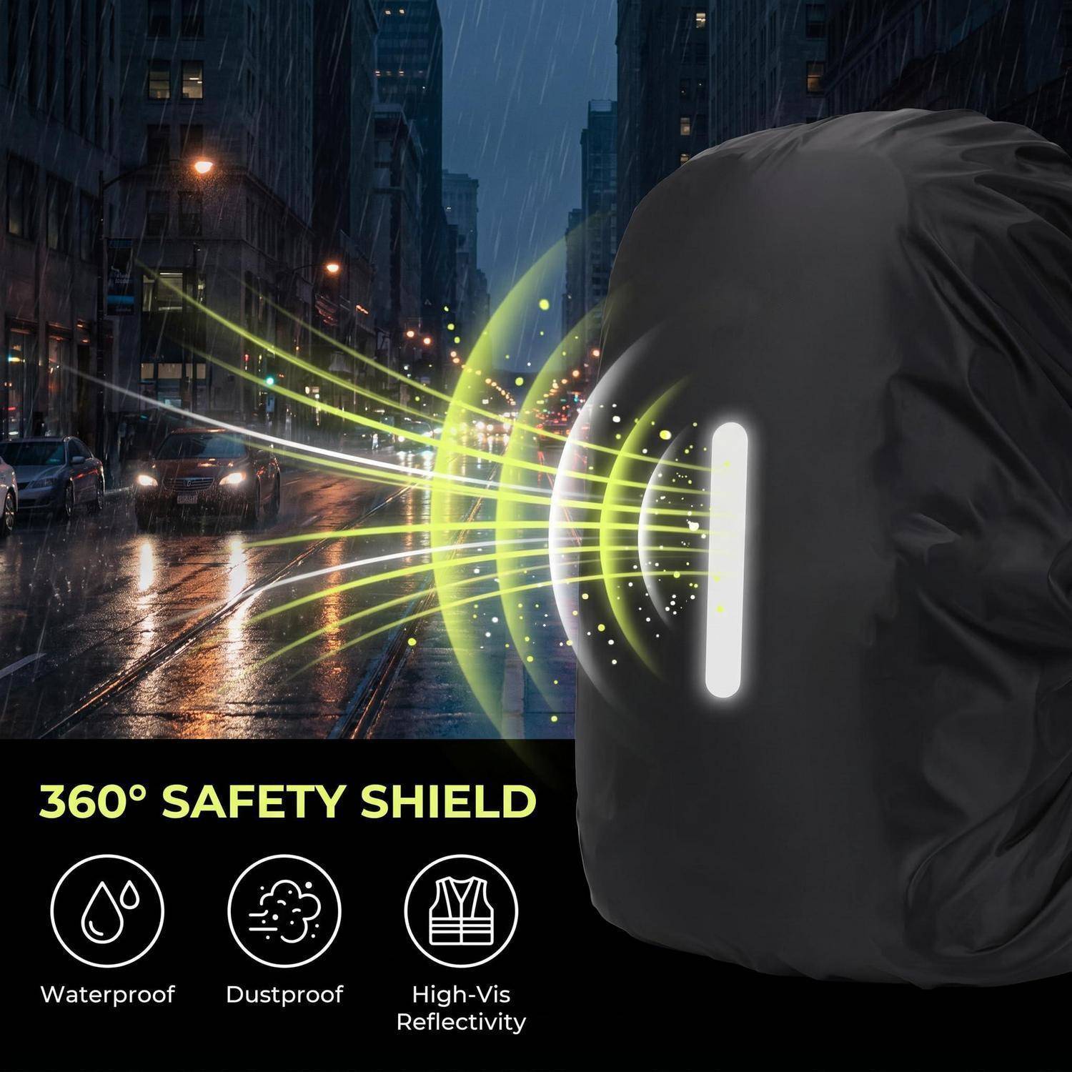 Regennasse Stadtstraße mit einer Jacke von hinten gezeigt, die ein 360°-Sicherheitsschild und einen hochsichtbaren Reflexstreifen aufweist; Text sagt „360° SAFETY SHIELD