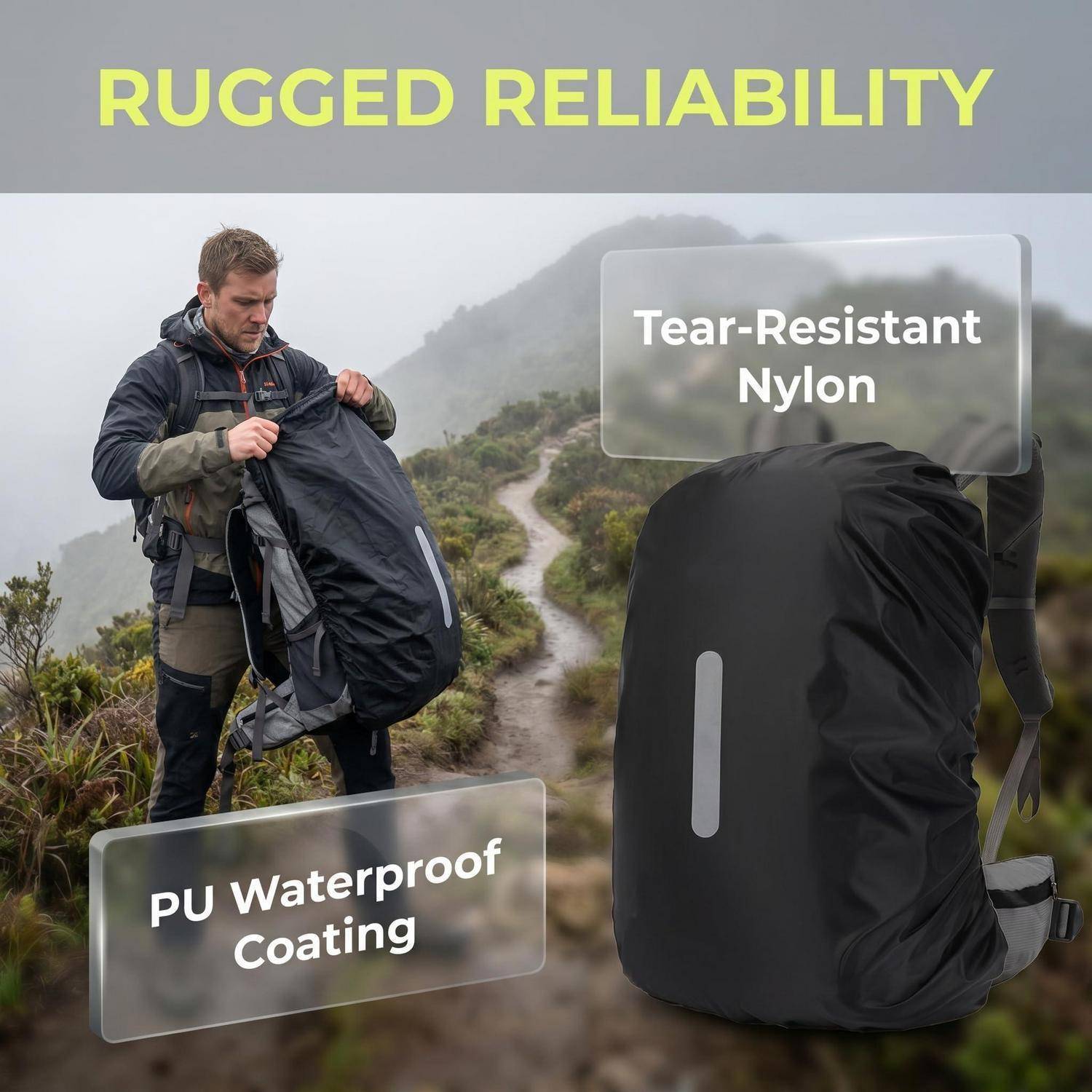Wanderer neben einem schwarzen Rucksack auf einem nebligen Wanderpfad, der 'ROBUSTE ZUVERLÄSSIGKEIT' bewirbt, mit Beschriftungen für 'Reißfester Nylon' und 'PU-Wasserdichte Beschichtung'.