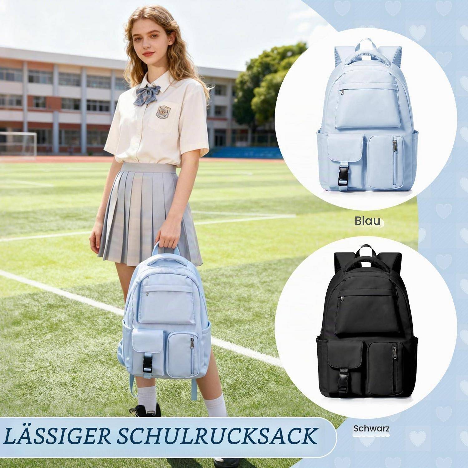 Mädchen auf einem Schulgelände, das einen hellblauen Rucksack hält; eingefügte Produktbilder zeigen den Rucksack in Blau und Schwarz, beschriftet mit „Blau
