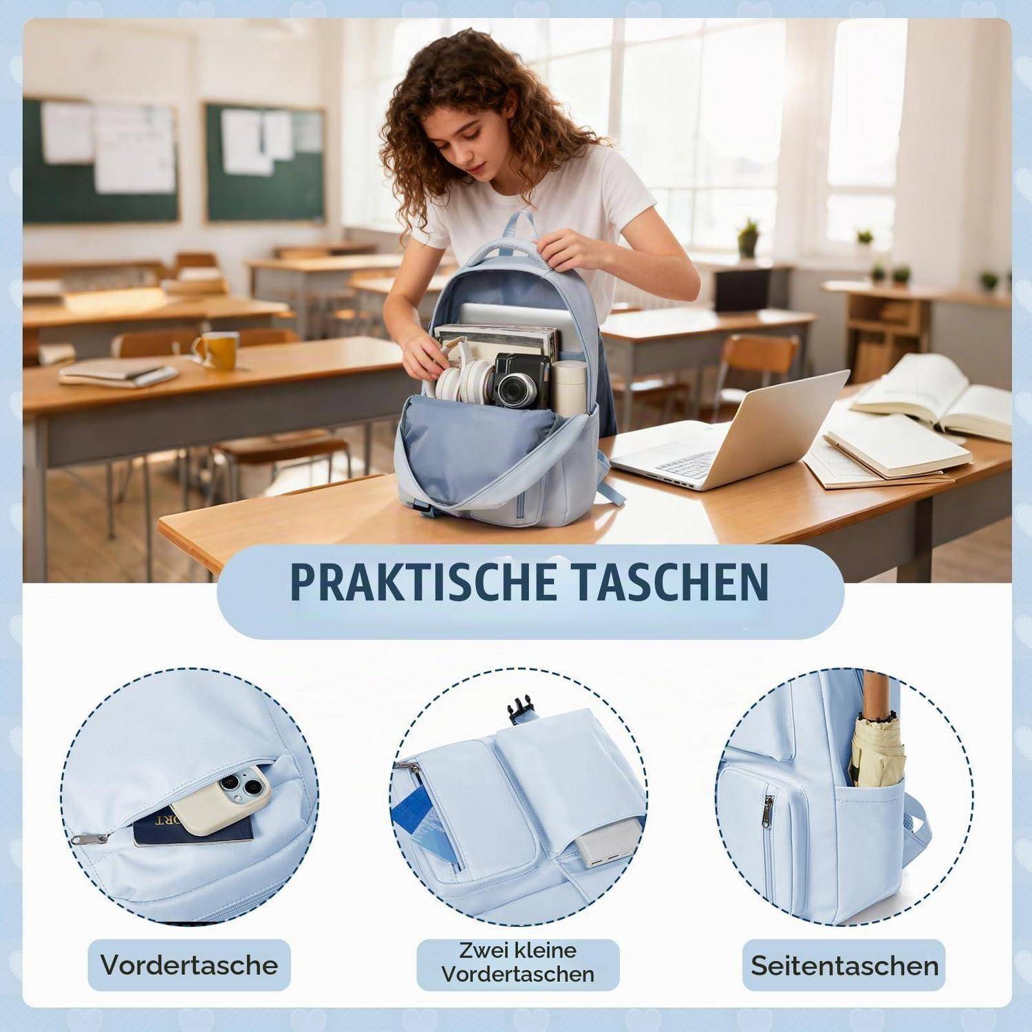 Rucksack für die Schulnutzung mit praktischen Taschen; zeigt Vorderseite, zwei kleine Vordertaschen und Seitentaschen mit den Beschriftungen 
