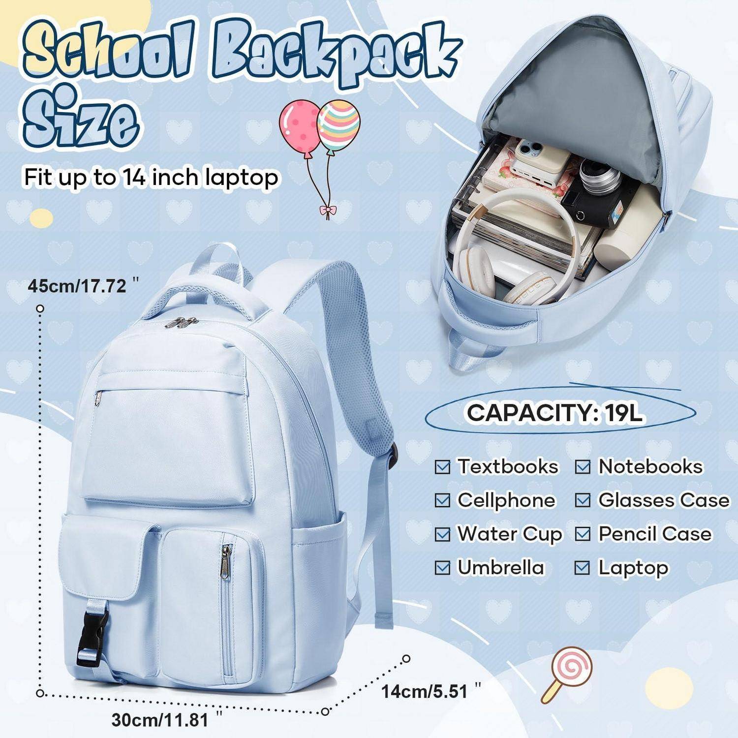 Hellblaues Schulrucksack für einen 14-Zoll-Laptop, 45 cm hoch, 30 cm breit, 14 cm tief, mit 19-Liter-Fassungsvermögen und mehreren Taschen.