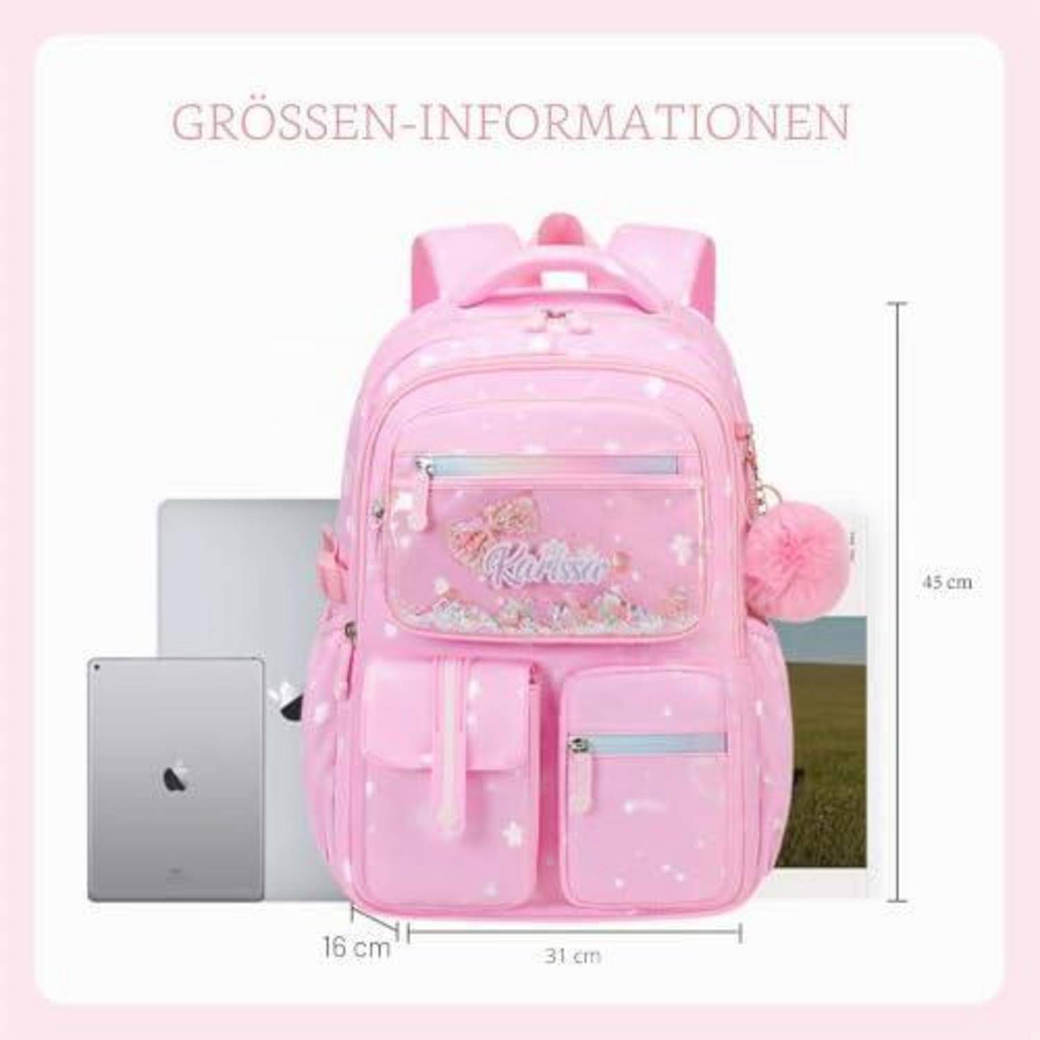 Größentabelle für rosa Rucksack mit einem Rucksack, der 45 cm hoch, 31 cm breit und 16 cm tief ist, mit einem Laptop zur Größenvergleich.