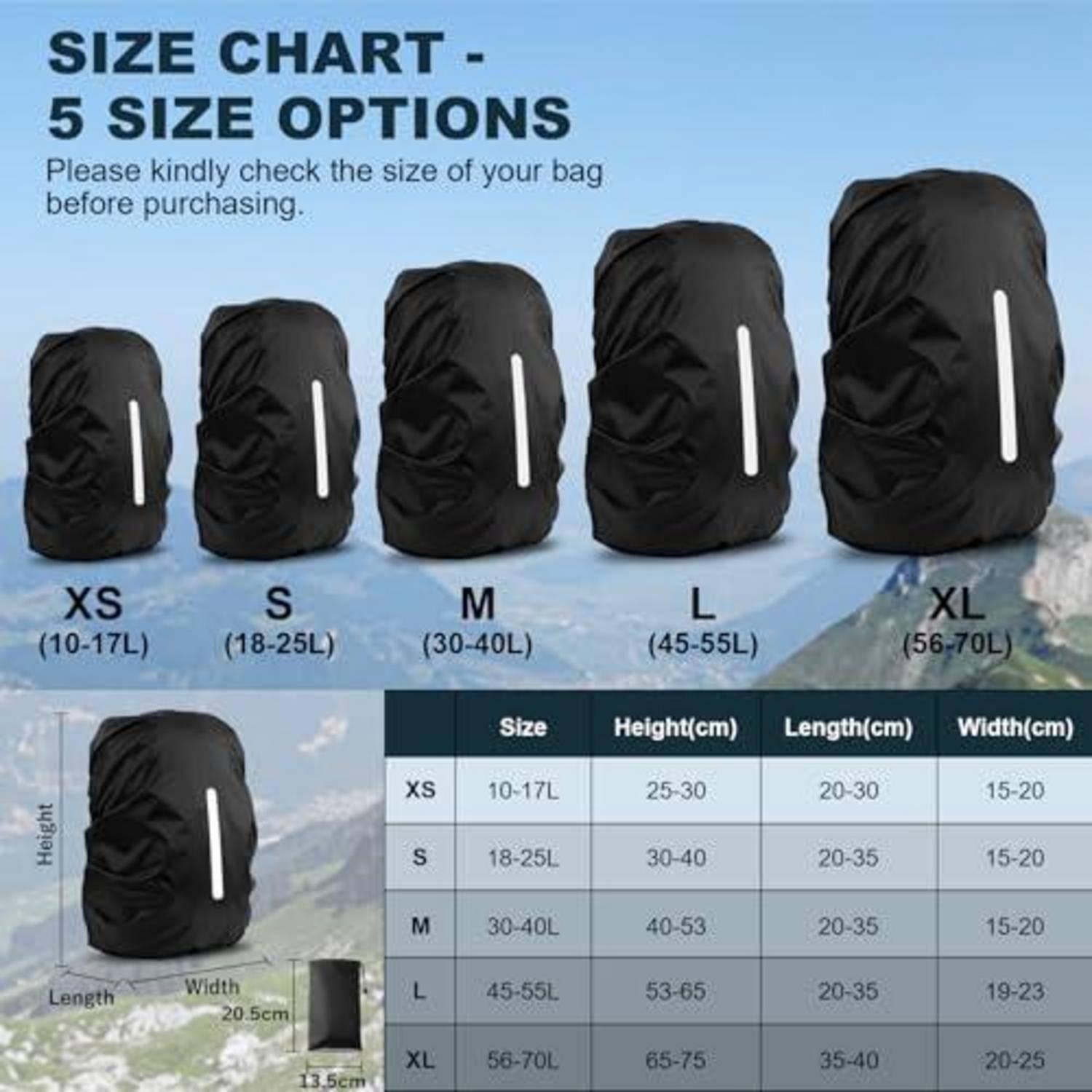 Größentabelle für fünf Taschengrößen: XS 10-17L, S 18-25L, M 30-40L, L 45-55L, XL 56-70L, mit Höhen-, Längen- und Breitenmessungen.