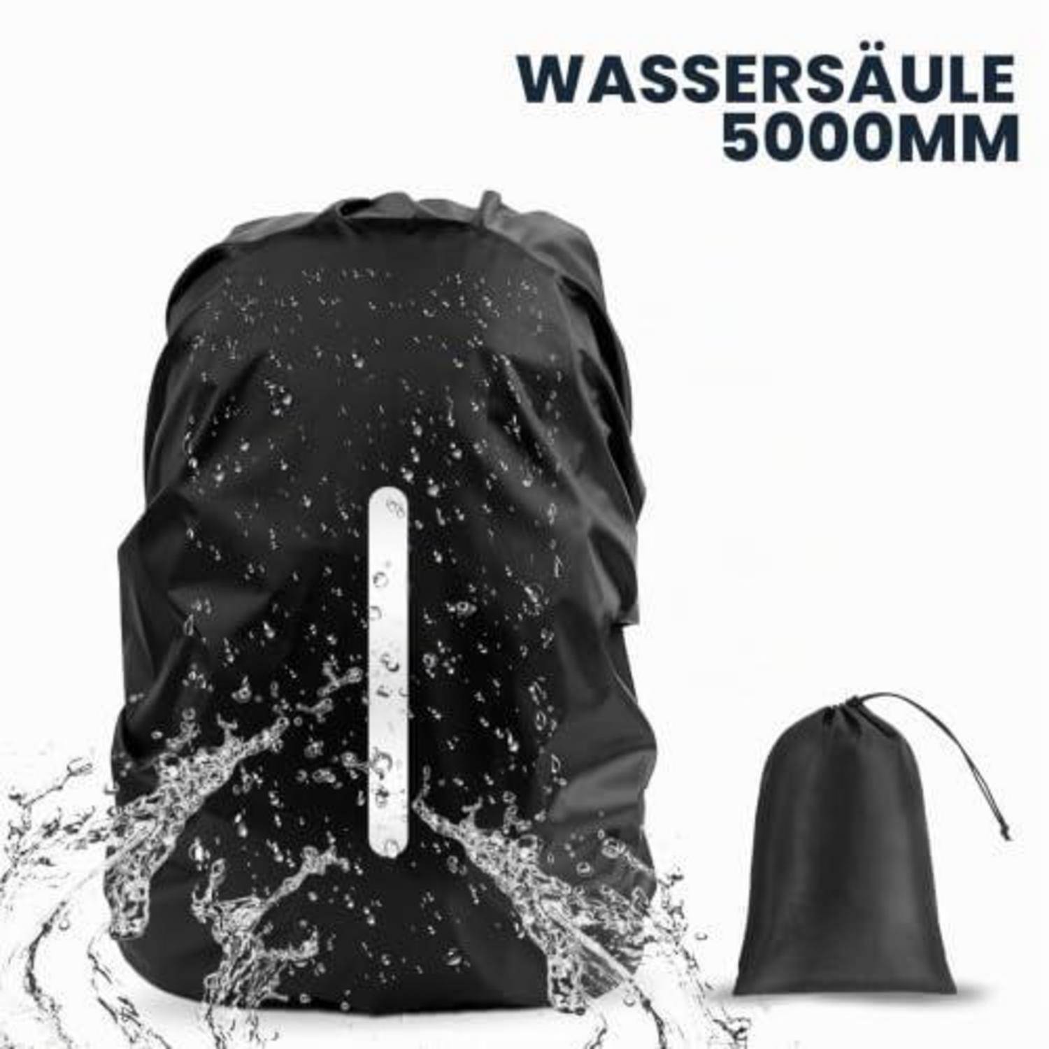 Schwarze wasserdichte Rucksackschutzhülle, die spritzenden Wasser zeigt, mit der Bezeichnung „WASSERSÄULE 5000MM", mit einem passenden Beutel mit Kordelzug daneben.