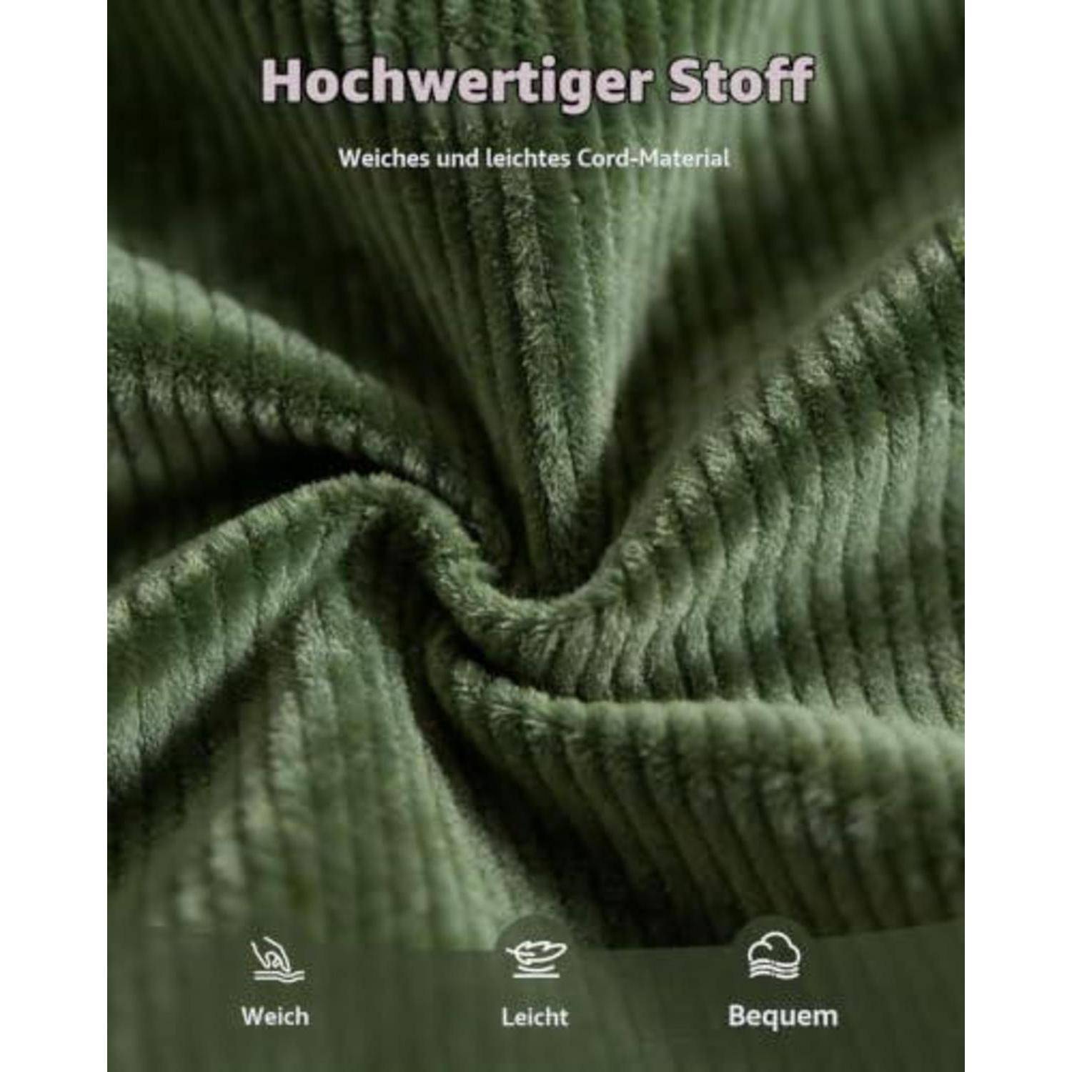 Hochwertiger Kordstoff in Grün mit Rippenmuster in Nahaufnahme, mit dem Text „Hochwertiger Stoff