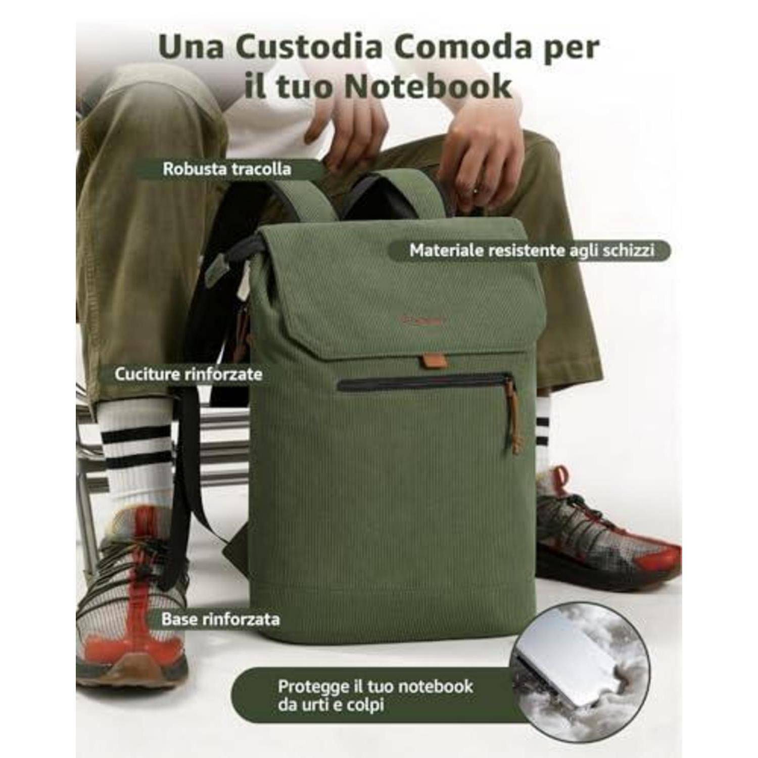 Werbung für einen Laptop-Rucksack, zeigt eine Person, die eine grüne Tasche mit der Aufschrift „Una Custodia Comoda per il tuo Notebook