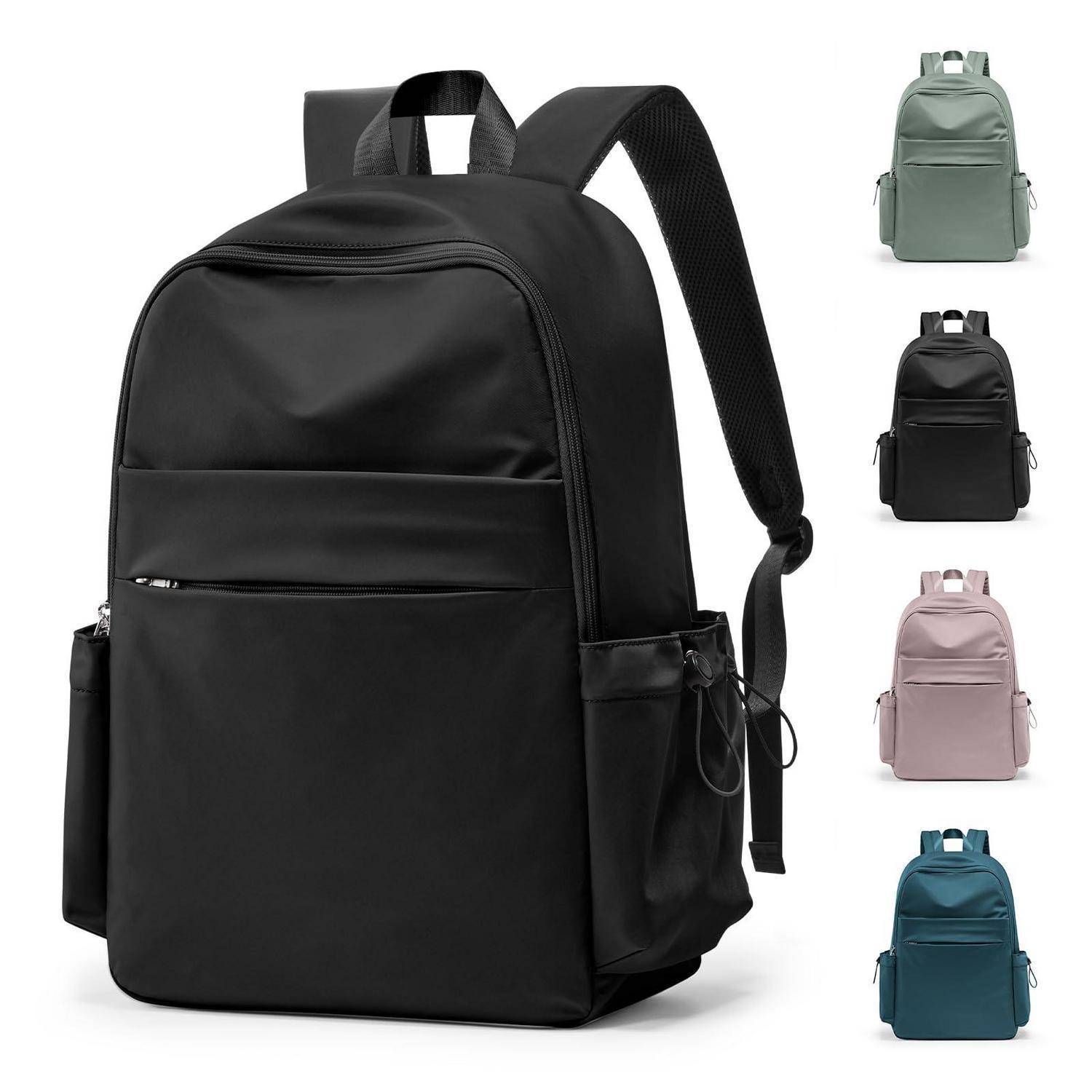 Schwarzer Rucksack mit Reißverschlusstasche vorne und Seitentaschen, gezeigt mit Farboptionen in Grün, Schwarz, Rosa und Blau auf weißem Hintergrund.