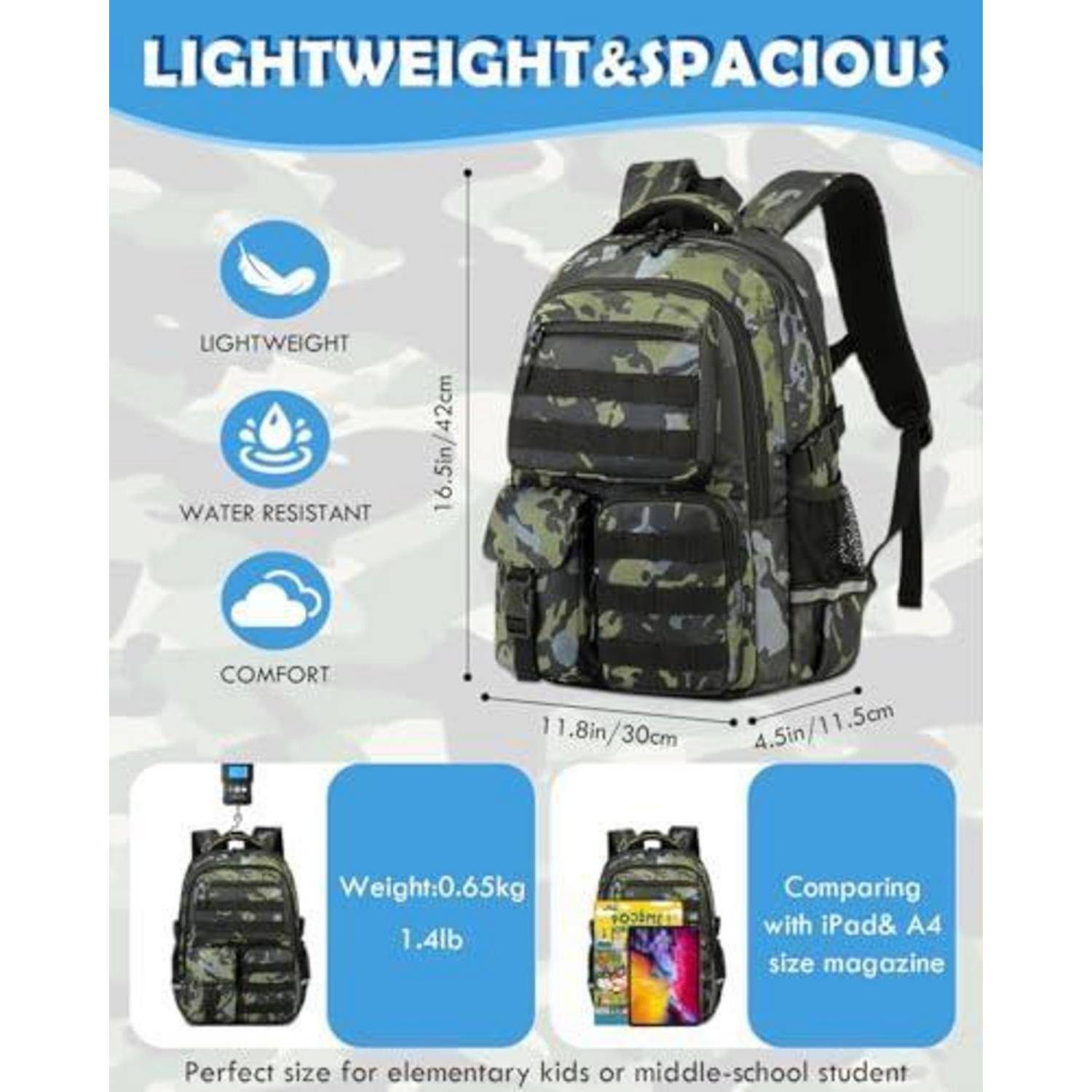Tarnrucksack-Anzeige mit der Bezeichnung „LEICHT UND GERÄUMIG