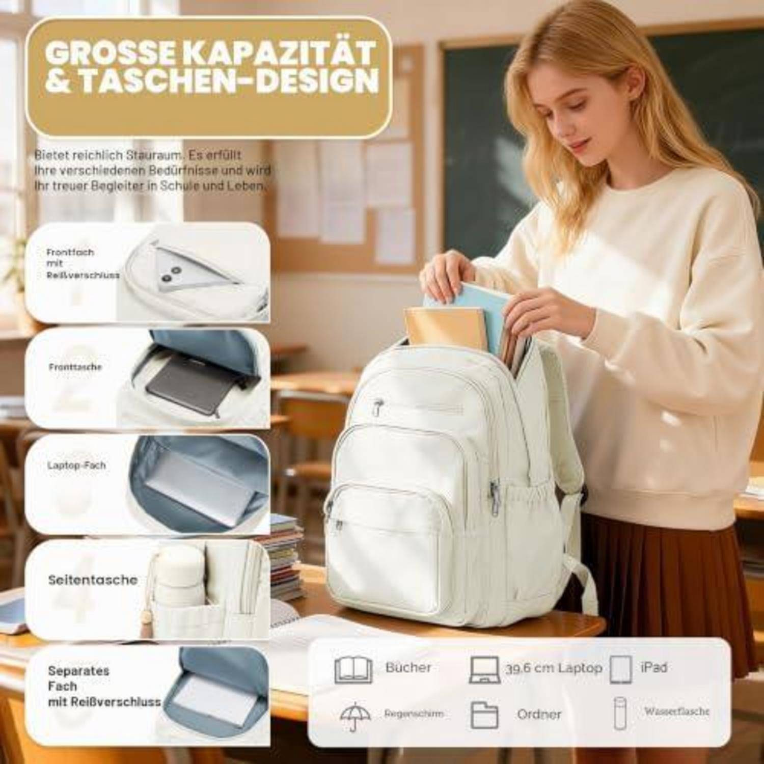 Anzeige für einen großformatigen Rucksack mit Taschenkonstruktion; eine Frau packt einen weißen Rucksack mit Hinweisen auf Front-, Laptop- und Seitentaschen sowie Platz für Bücher, einen 39,6-cm-Laptop, iPad, Regenschirm und Wasserflasche.