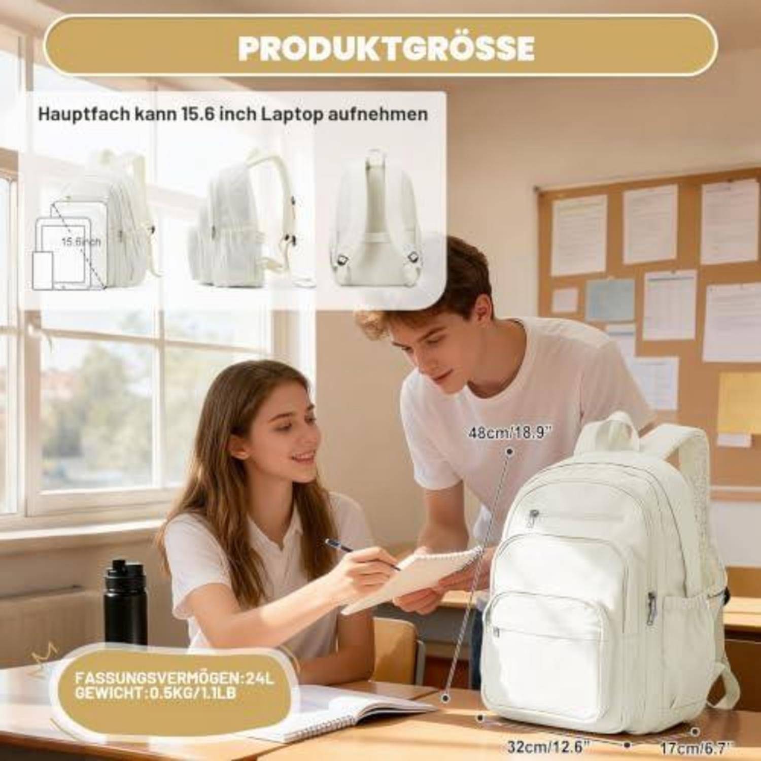 Produktgrößen-Infografik für einen Rucksack: passt für einen 15,6-Zoll-Laptop, Kapazität 24L, Gewicht 0,5kg/1,1lb, Abmessungen 48cm x 32cm x 17cm.