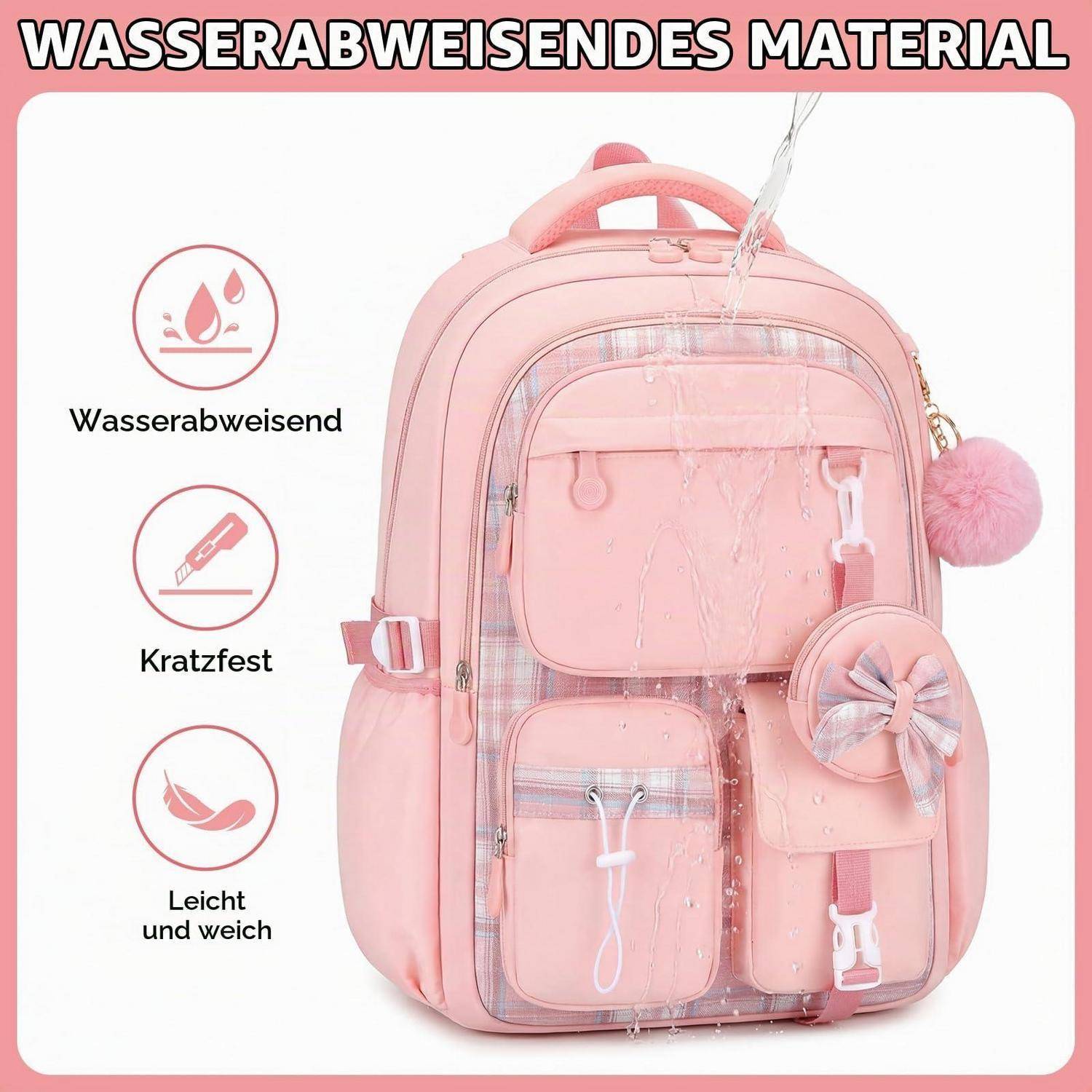 Rosa Rucksack mit Wasser, das darauf spritzt, gekennzeichnet mit „WASSERABWEISENDES MATERIAL