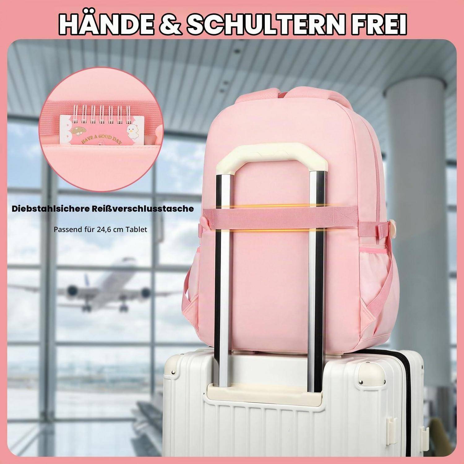 Rosa Rucksack an einem Koffergriff befestigt; der Anzeigentext lautet „HÄNDE & SCHULTERN FREI
