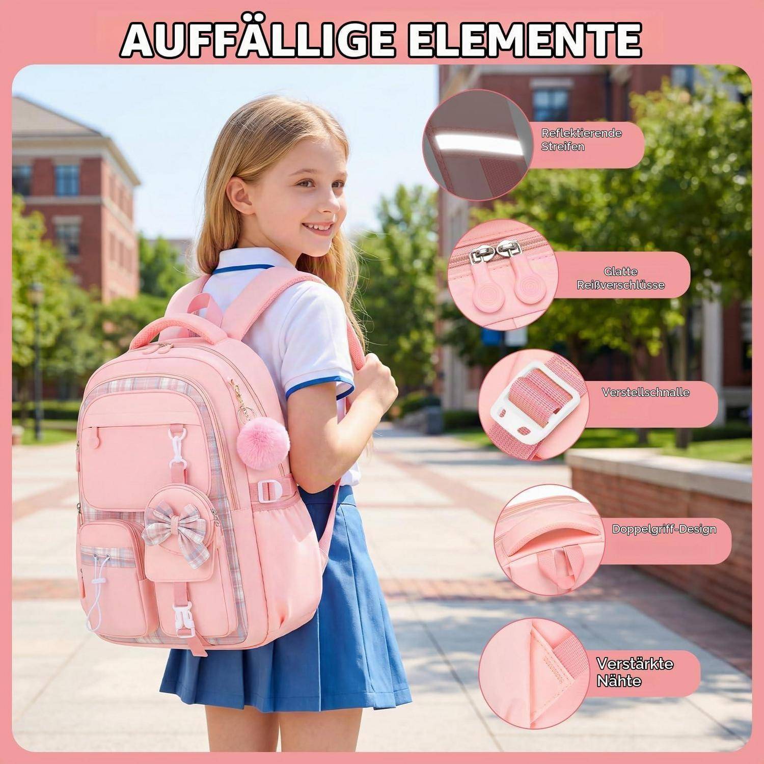 Mädchen mit einem rosa Rucksack auf einem Schulgelände, mit Hinweisen, die den reflektierenden Streifen, niedliche Verzierungen, verstellbaren Schnallen, Schulterkissen und verstärkte Nähte hervorheben.