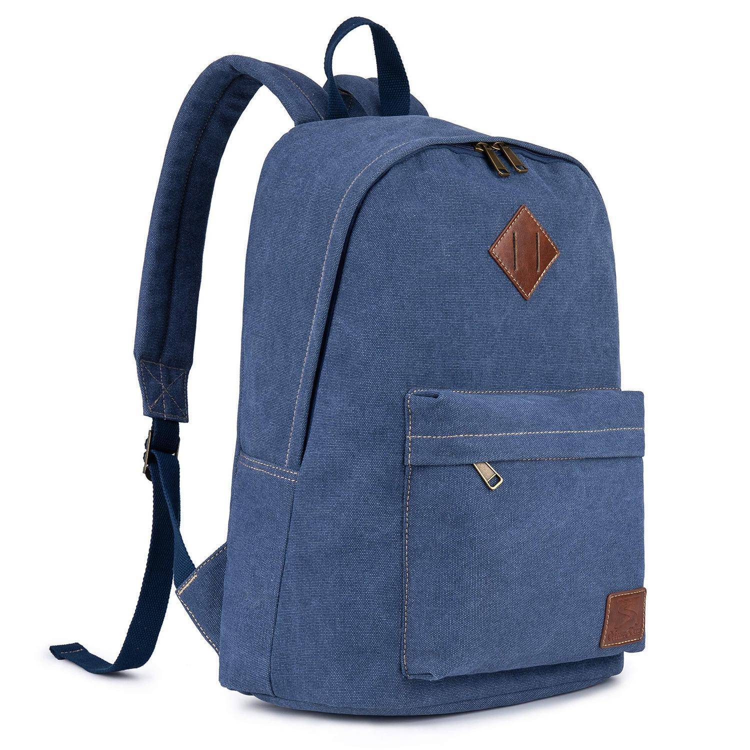 Blauer Rucksack im Denim-Stil mit vorderer Reißverschlusstasche und braunen Lederakzenten, gezeigt auf weißem Hintergrund.