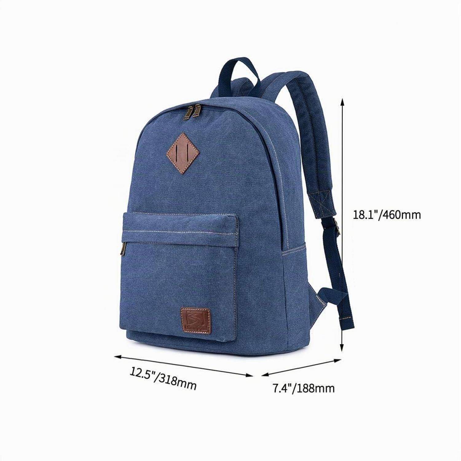 Blauer Rucksack mit Vordertasche auf weißem Hintergrund, mit beschrifteten Abmessungen von 18,1 x 12,5 x 7,4 Zoll (460 x 318 x 188 mm).