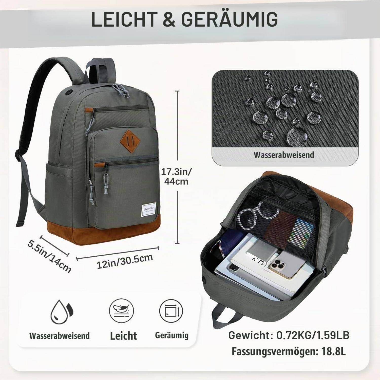 Graue Rucksack-Produktabbildung mit wasserdichtem, leichtgewichtigem, geräumigem Design; Abmessungen 17,3 x 12 x 5,5 Zoll, Fassungsvermögen 18,8 L, Gewicht 0,72 kg.