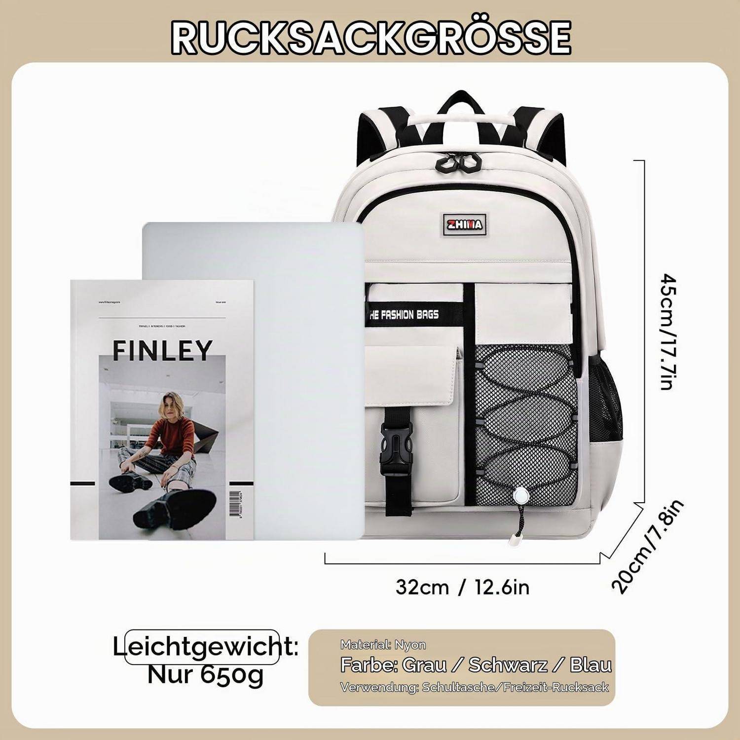 Produktbild eines Rucksacks mit Größe und Merkmalen: 45 cm Höhe, 32 cm Breite, 20 cm Tiefe, leicht 650 g, mit Laptopfach und vorderen Taschen.