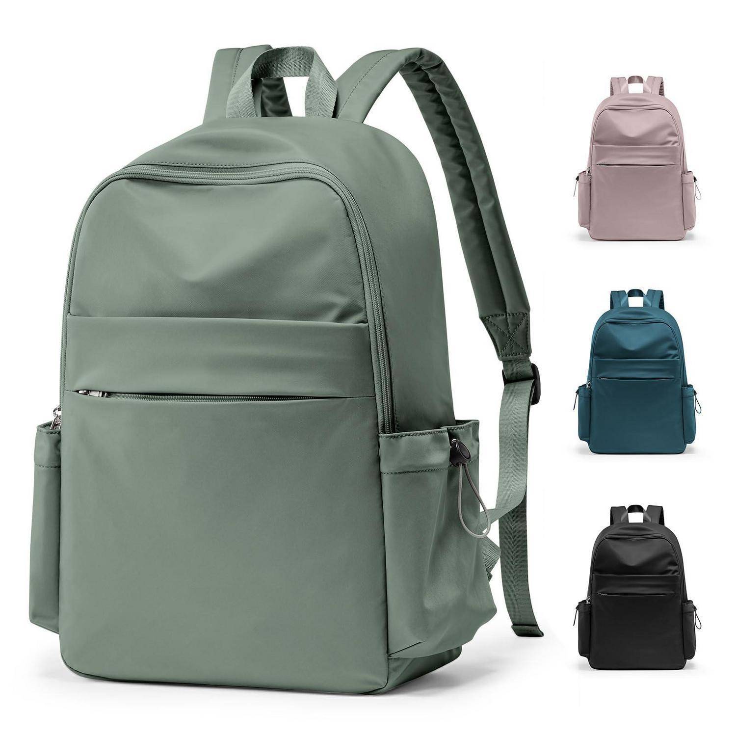 Produktbild eines großen salbeigrünen Rucksacks mit Vordertasche und seitlichen Wasserflaschenttaschen, gezeigt mit drei alternativen Farben: rosa, blau und schwarz.