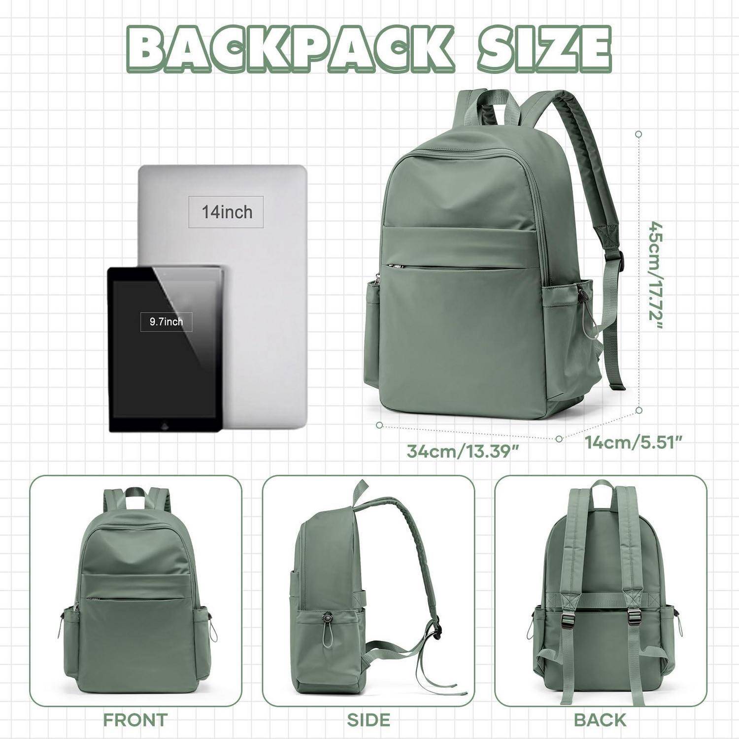 Größentabelle für grünen Rucksack mit Angaben für einen 14-Zoll-Laptop und ein 9,7-Zoll-Tablet, mit den Abmessungen 45 x 34 x 14 cm und Vorder-, Seiten- und Rückansichten.