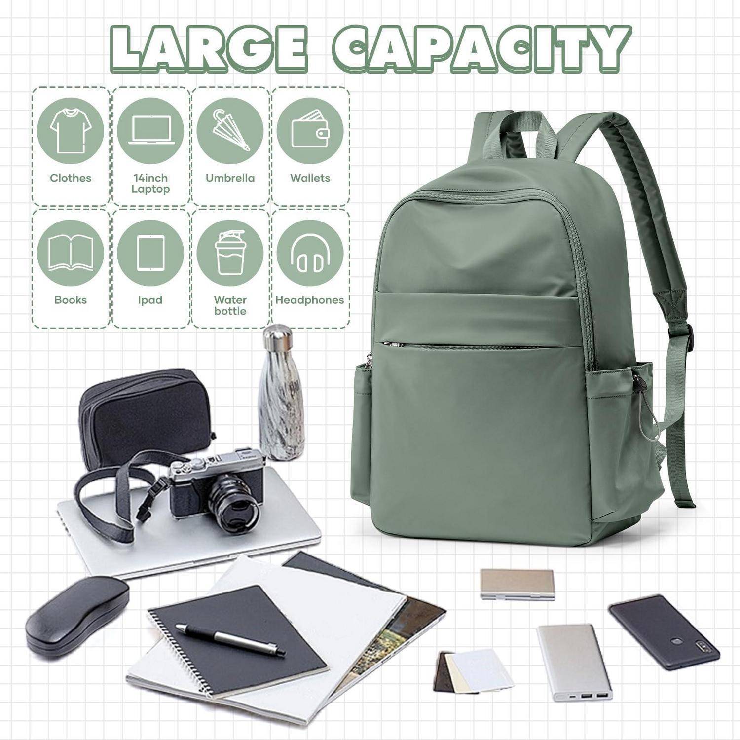 Produktbild eines großen grünen Rucksacks mit der Bezeichnung „LARGE CAPACITY