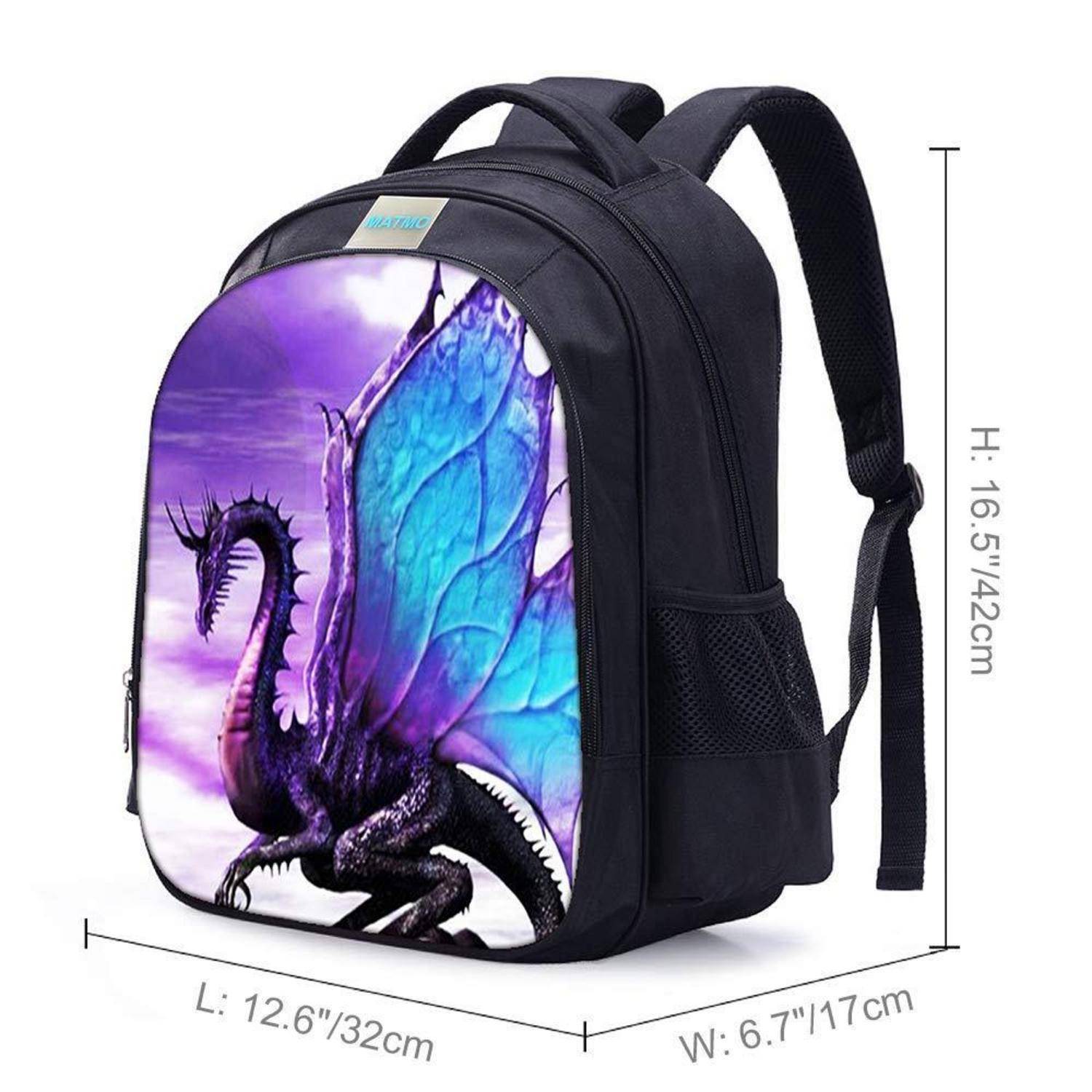 Schwarzer Rucksack mit Drachenillustration auf der Vorderseite, gezeigt mit den Abmessungen 16,5 x 12,6 x 6,7 Zoll (42 x 32 x 17 cm).