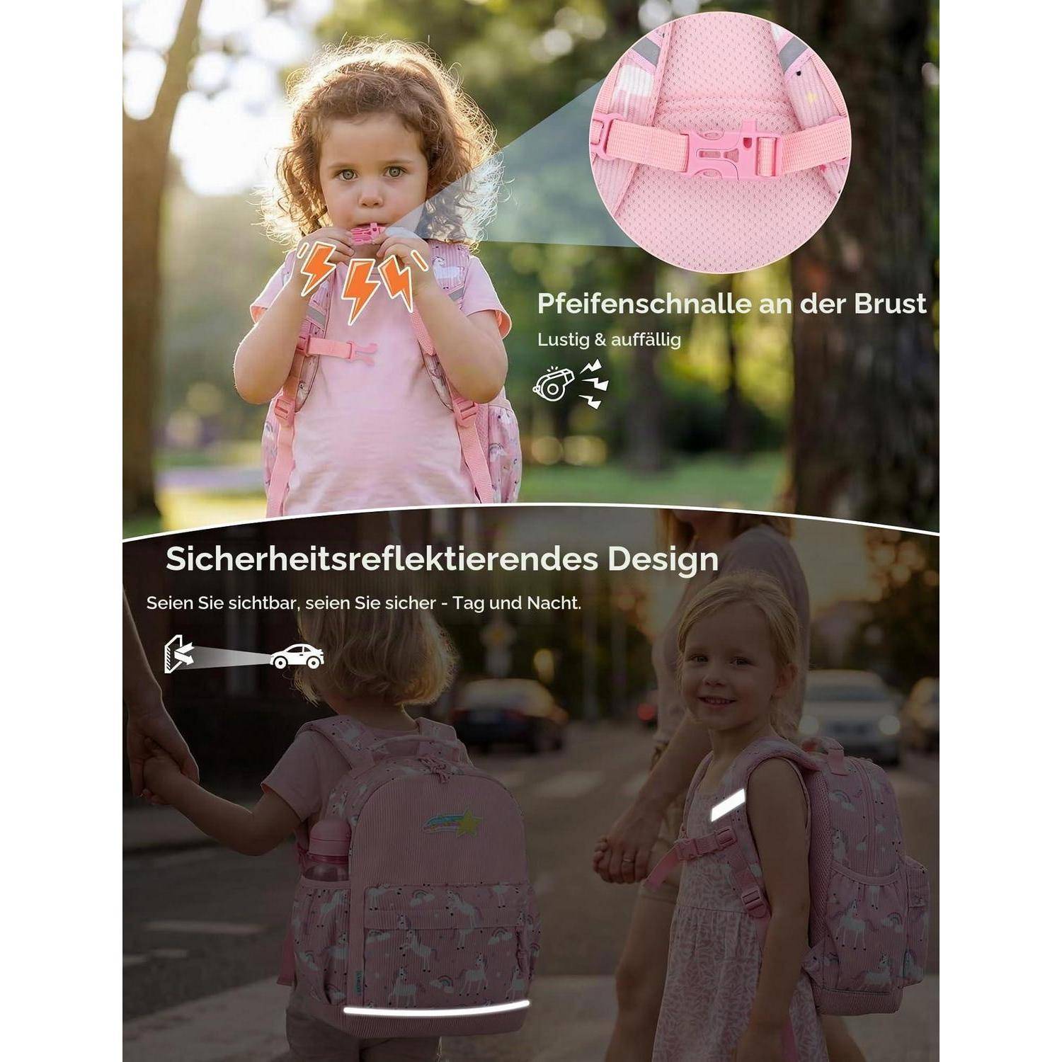 Werbebild eines rosa Kinderrucksacks mit einer Brustschnalle und reflektierenden Sicherheitsstreifen, mit deutschem Text, der 