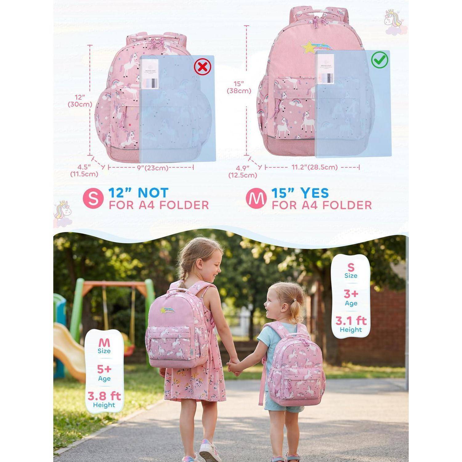 Infografik zeigt einen rosa Rucksack: Die 12-Zoll-Größe ist zu klein für einen A4-Ordner, während 15-Zoll passt; darunter tragen zwei Kinder Rucksäcke der Größe S und M mit Höhenangabe.