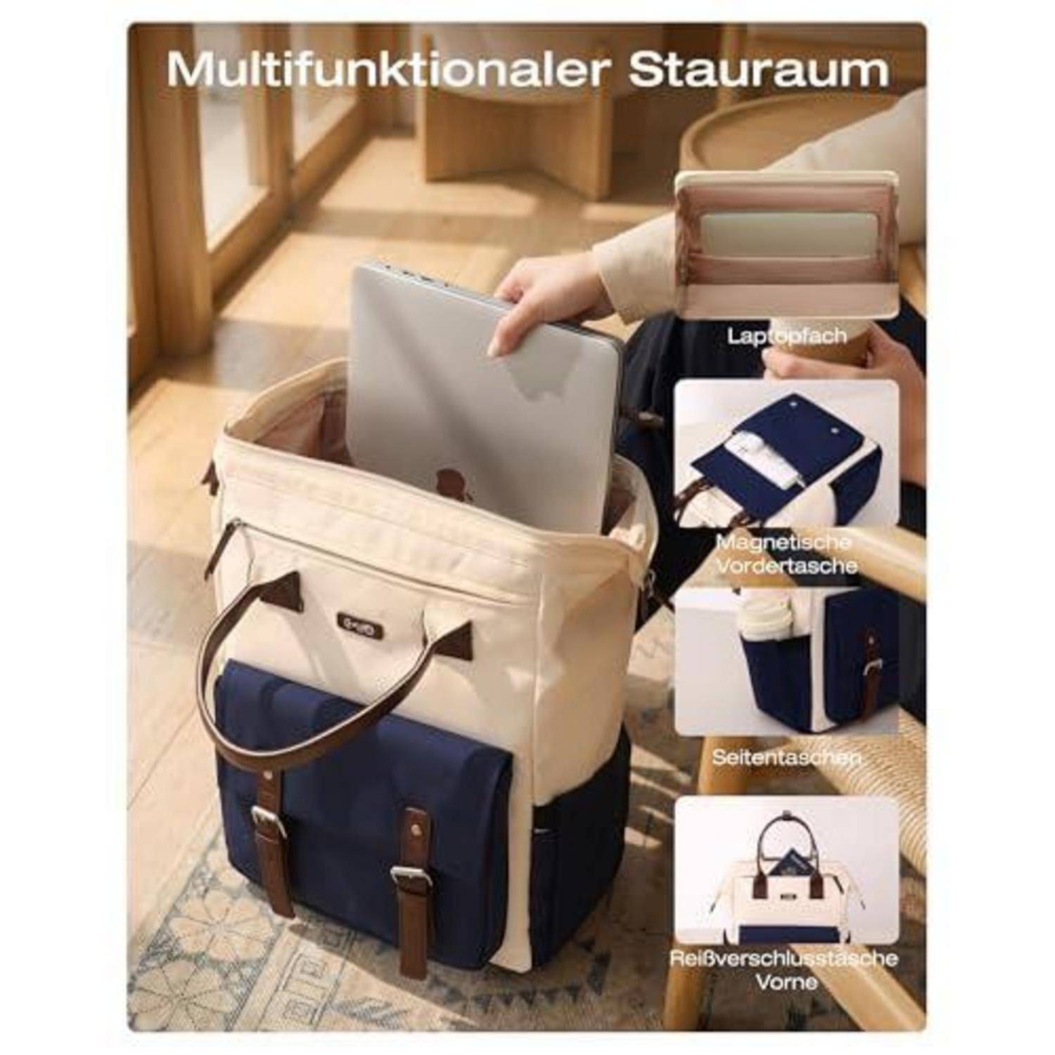 Multifunktionale Tragetasche mit Laptop-Fach, magnetischer Vordertasche, Seitentaschen und Reißverschluss, gezeigt mit Laptop und Täschchen im Inneren.