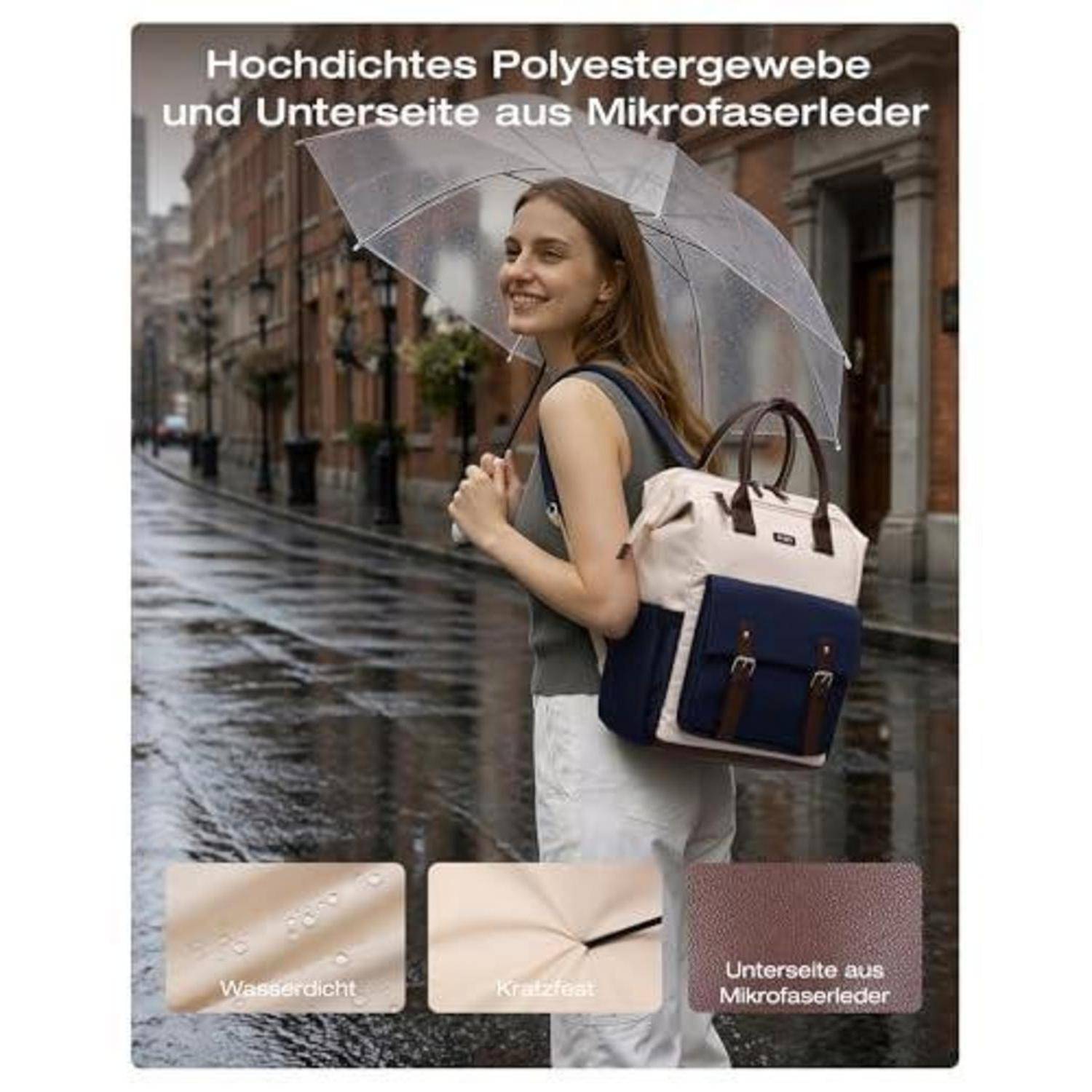 Frau auf einer regnerischen Straße hält einen transparenten Regenschirm und Rucksack und zeigt hochdichtes Polyester mit Mikrofaser-Unterseite; Etiketten tragen die Aufschriften „Wasserdicht", „Kratzfest"", „Unterseite aus Mikrofaserleder"".