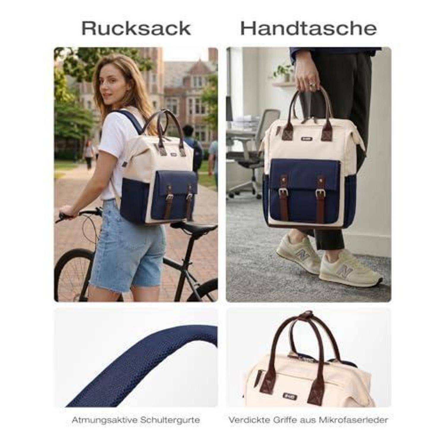 Produktvergleichsbild, das dieselbe beige-und-marineblaue Tasche als Rucksack und als Handtasche gezeigt wird, mit Nahaufnahmen von atmungsaktiven Schultergurten und gepolsterten Mikrofaser-Griffen.
