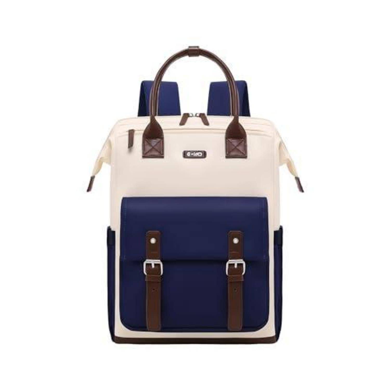 Rucksack in Creme und Marineblau mit braunen Henkeln und Vordertasche, vor einem schlichten weißen Hintergrund gezeigt.