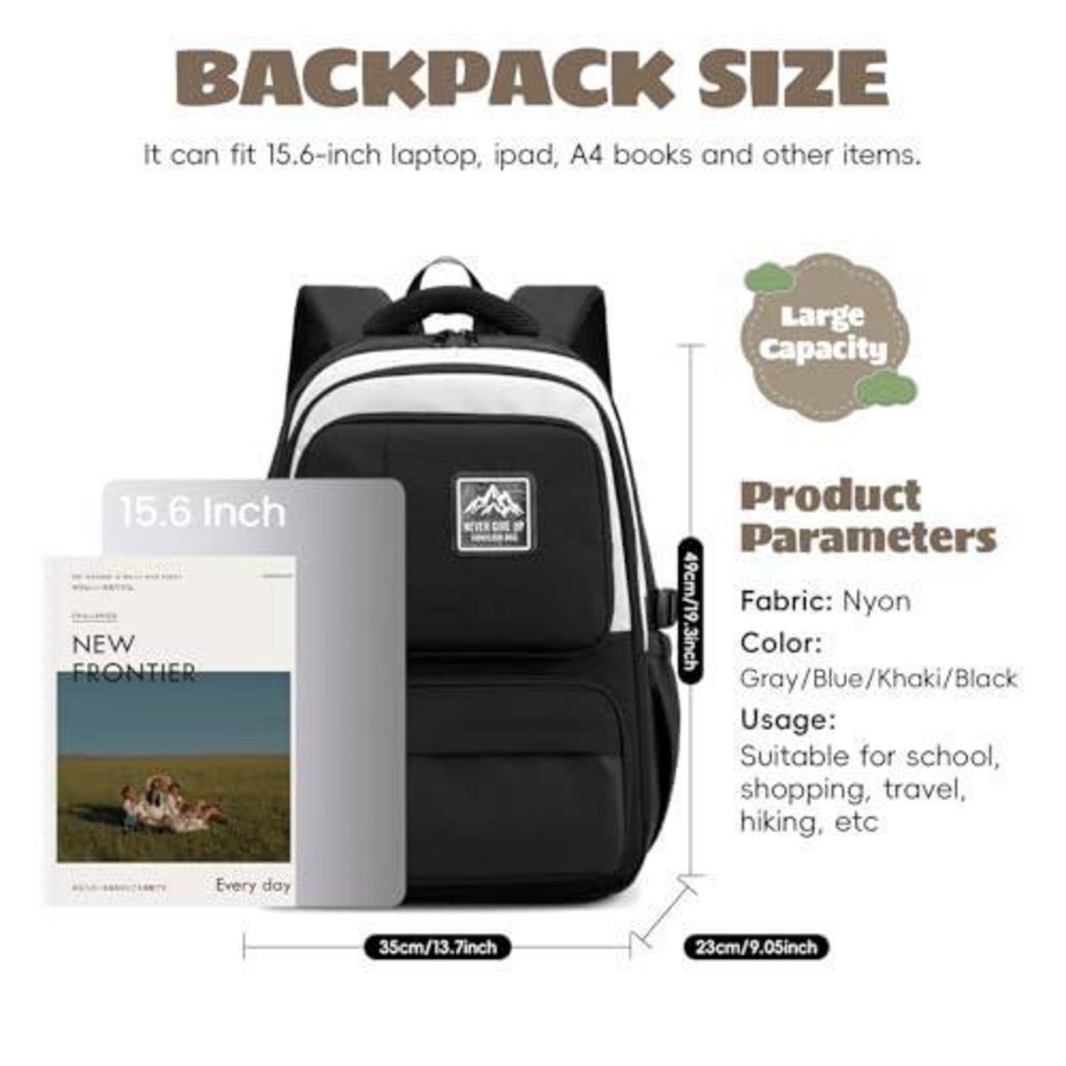 Produktanzeige mit Größenvergleich für Rucksäcke: Der Rucksack passt einen 15,6-Zoll-Laptop oder A4-Bücher; Abmessungen sind 35 cm x 23 cm x 49 cm aufgeführt, mit Produktparametern und Farboptionen.