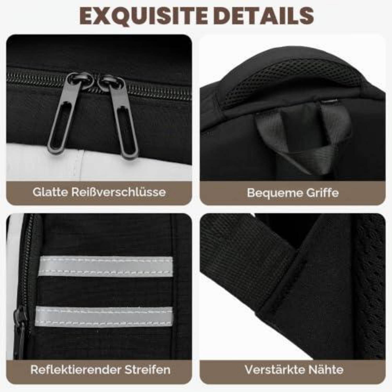 Vierteiliges Produktdetailbild, das eine schwarze Tasche mit glatten Reißverschlüssen, bequemen Griffen, reflektierenden Streifen und verstärkten Nähten zeigt.