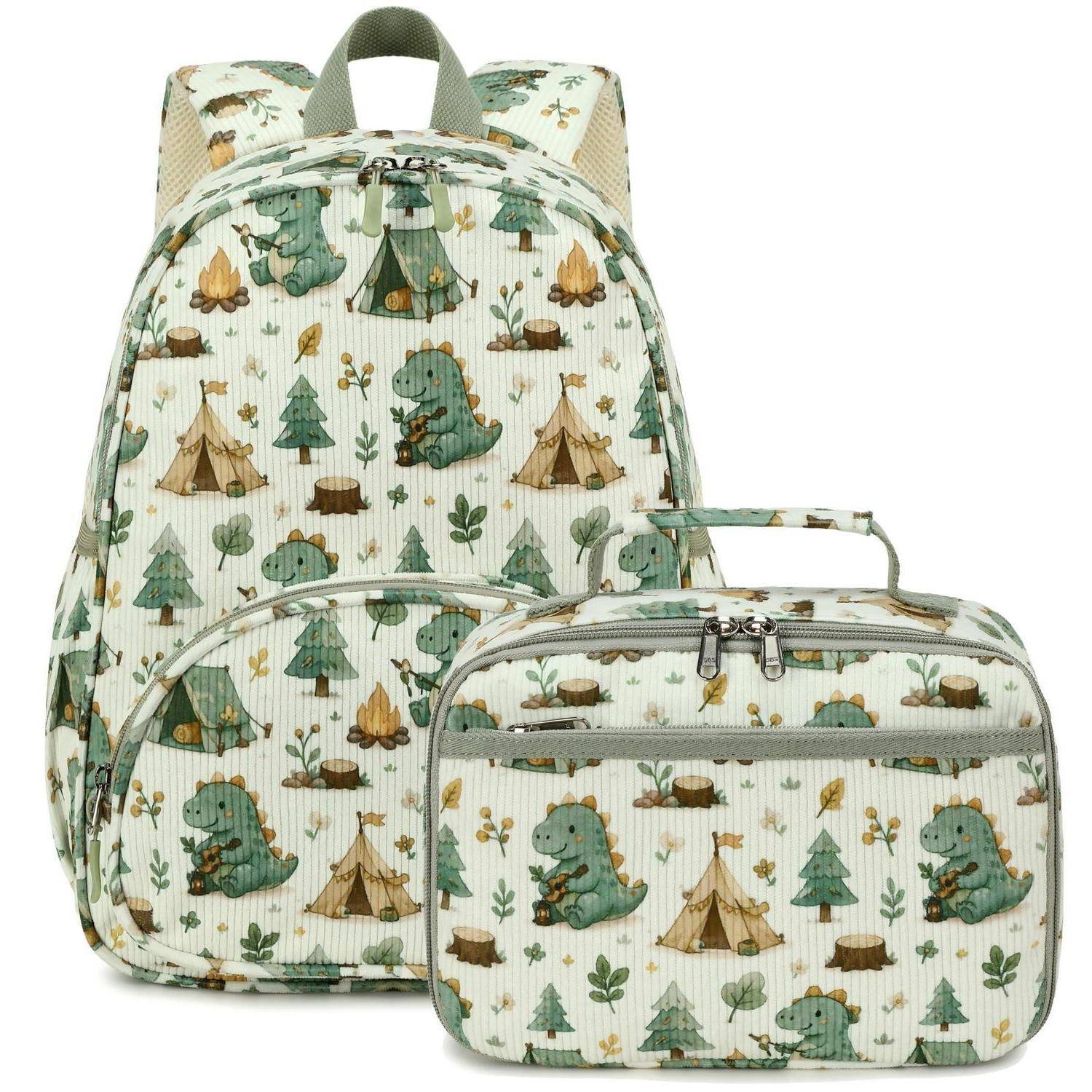 Dinosaurier-Motiv-Rucksack und Lunchbox-Set in Creme mit grünem Camping-Muster.