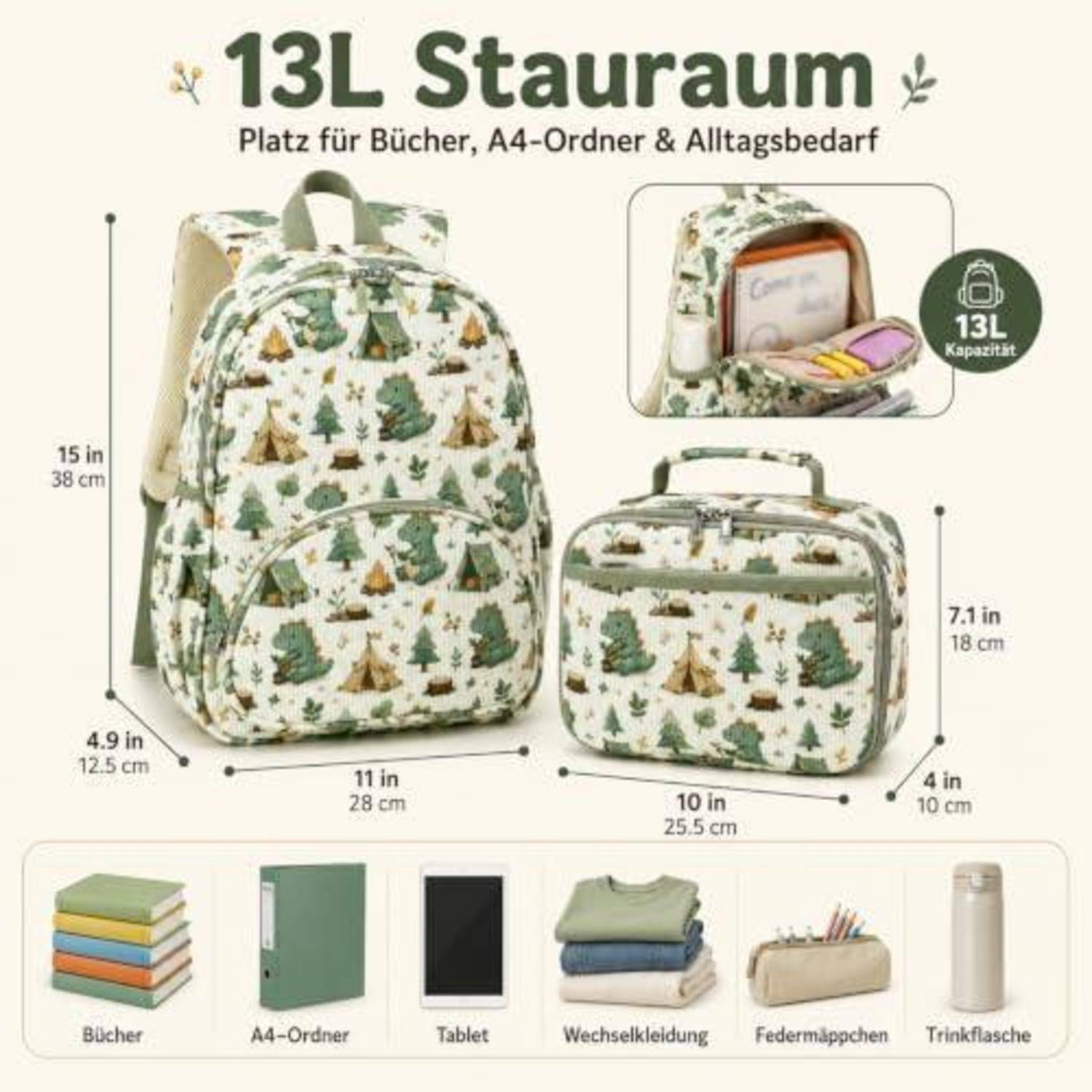 13-l Rucksack mit Muster, Abmessungen und Kapazität dargestellt, plus Ausschnitt der inneren Tasche und Symbole, die anzeigen, dass er Bücher, A4-Ordner, Tablet, Kleidung, Federmäppchen und Flasche passt.