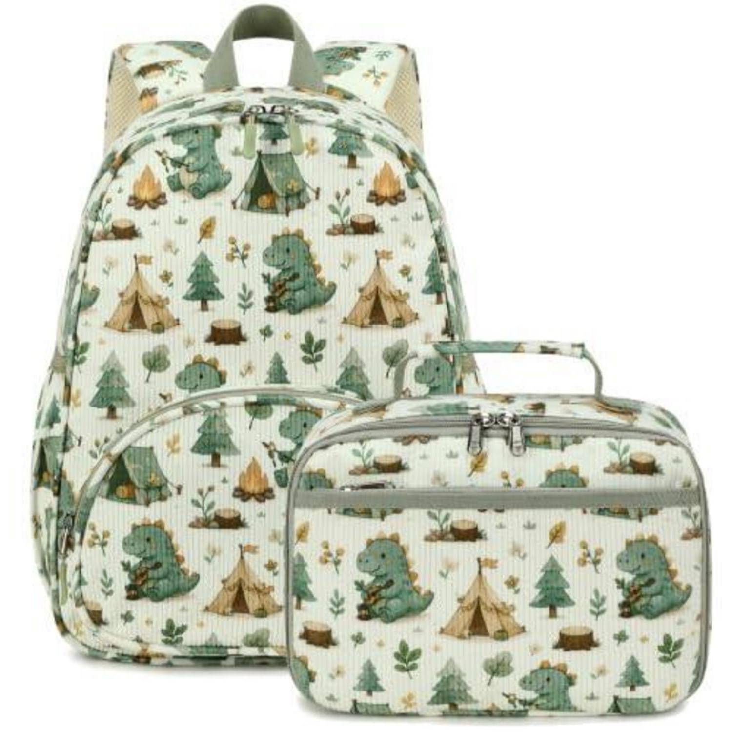 Passende Dinosaurier-Muster-Rucksack und Lunchbox in Creme, Grün und Tan, gezeigt als koordiniertes Schulset.