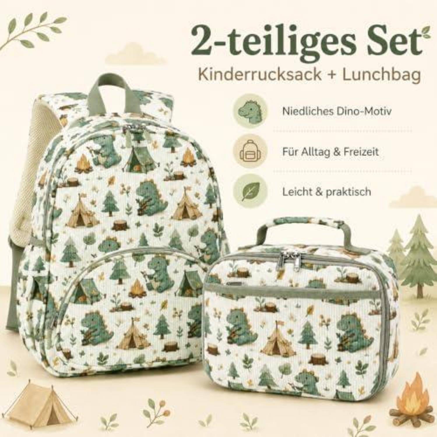 LOIDOU Kinderrucksack Dinosaurier 15" Set mit Lunchtasche, wasserabweisend