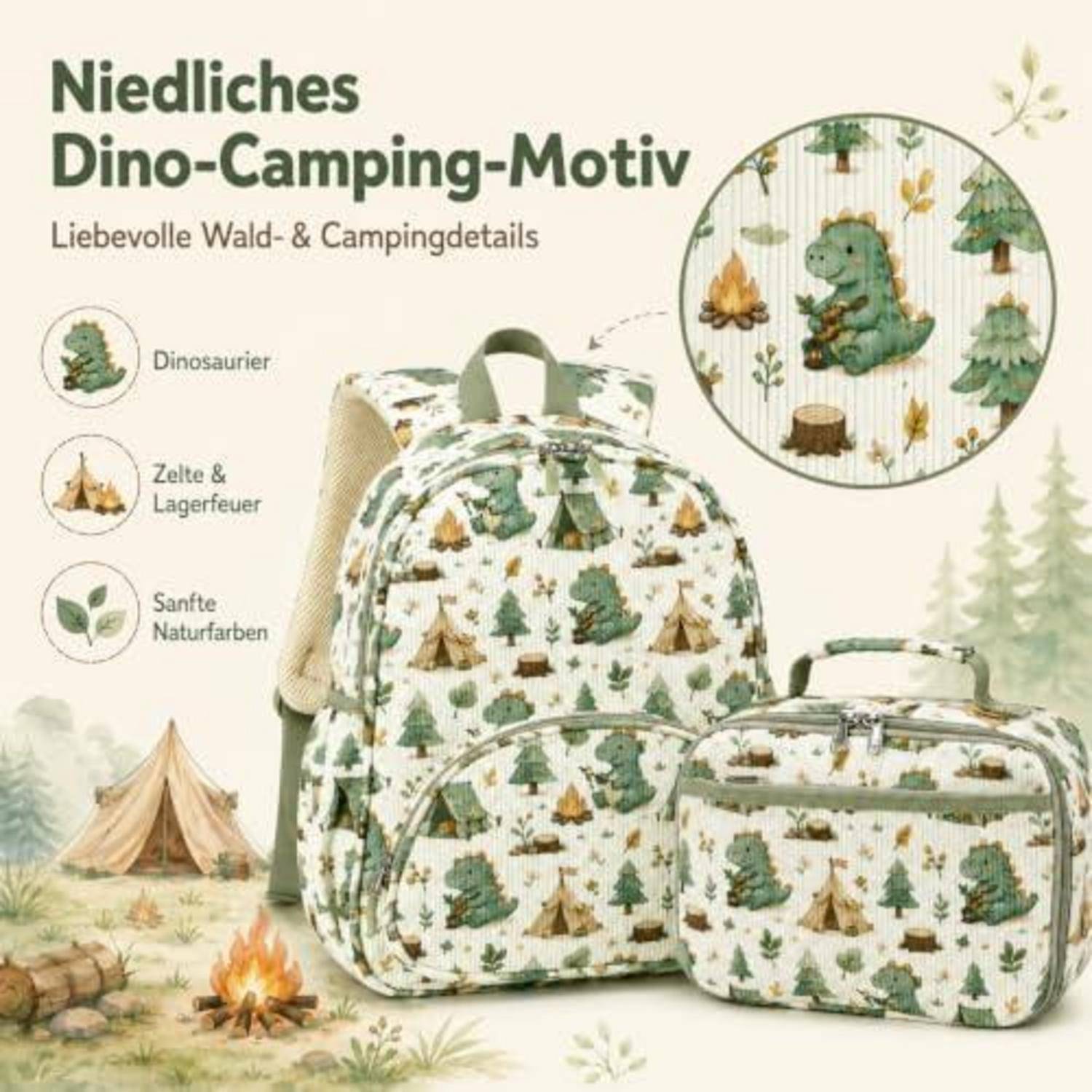 Werbebild eines Dinosaurier-Campingdrucks auf einem Rucksack und einer Tasche, mit deutschem Text, der Dinos, Zelte, Lagerfeuer und sanfte Naturfarben hervorhebt.