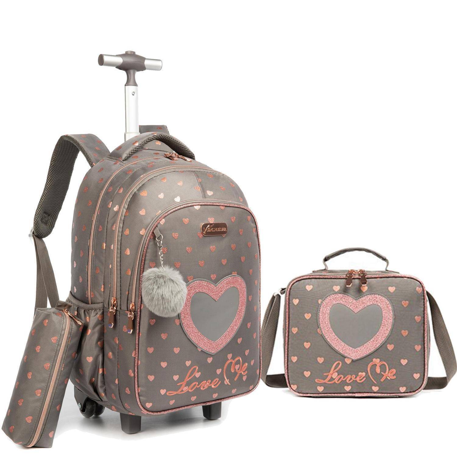 Grauer fahrbarer Rucksack mit Herz- und Liebes-Muster, passende Lunchbox und Federmäppchen, gezeigt als Schulrucksack-Set.