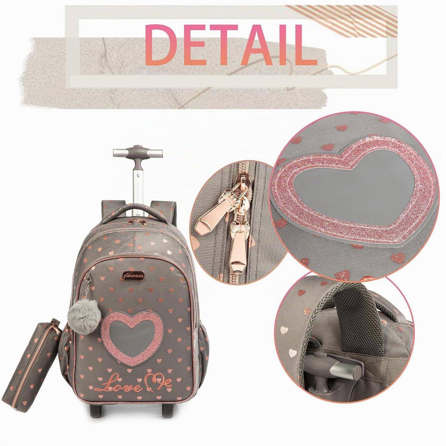 Kinderrucksack mit Rollen in Grau mit rosa Herzmuster und „Love"; Detailansichten zeigen Herzapplikation, Reißverschluss und Trolleygriff.