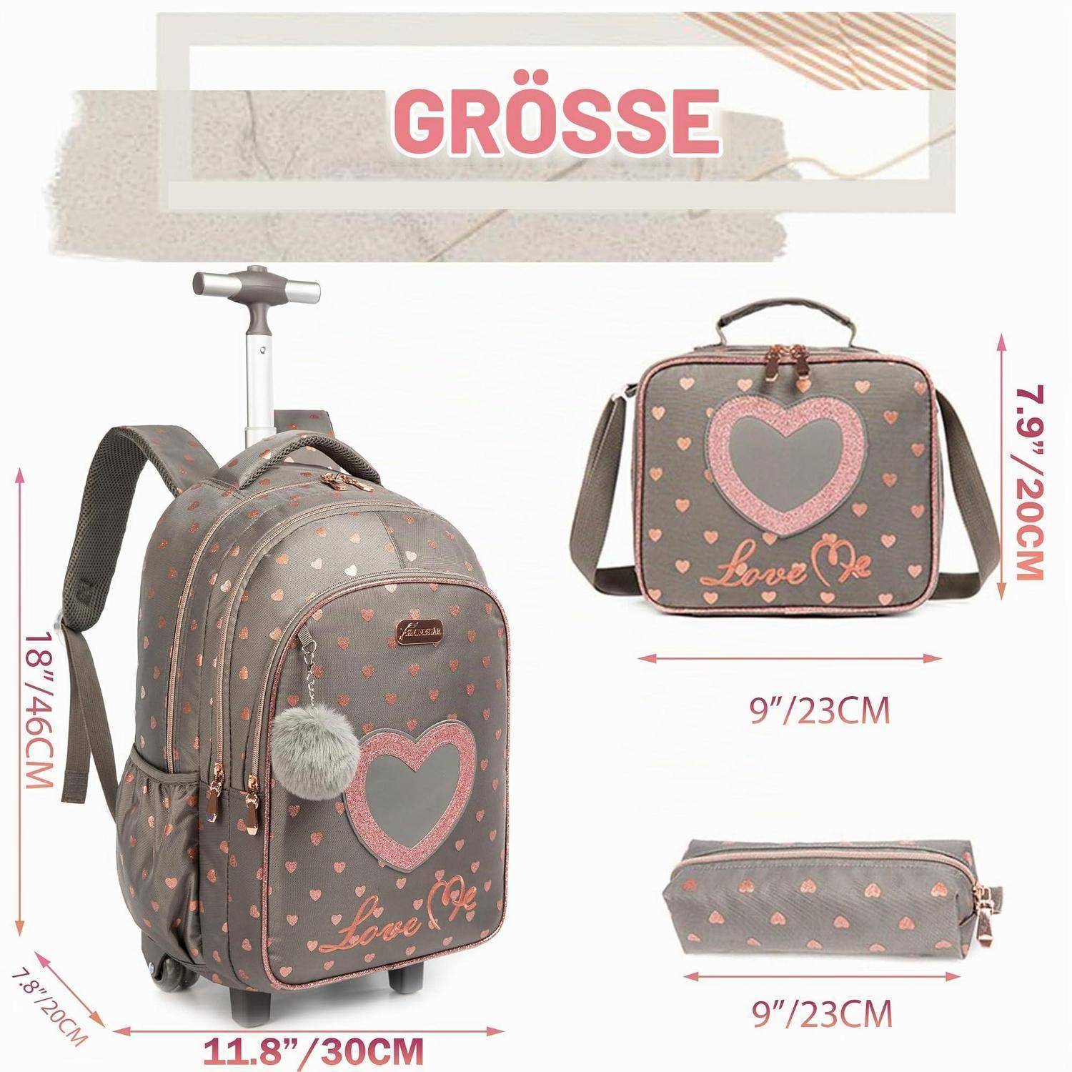 Größentabelle für Produkte, die einen Rollen-Rucksack und eine passende Lunchbox sowie ein Federmäppchen zeigt, mit Abmessungen in Zoll und Zentimetern gekennzeichnet.