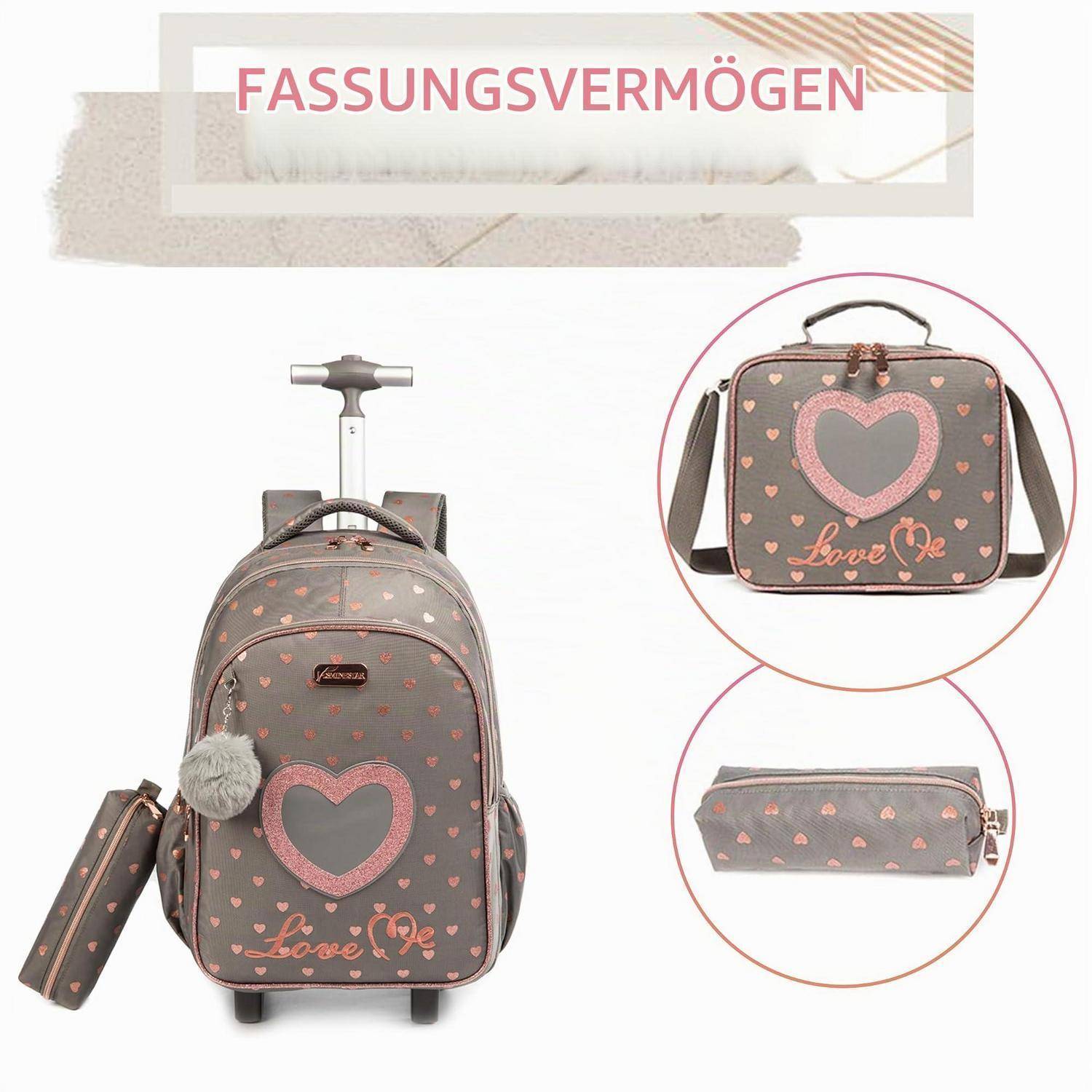 Produktabbildung eines Kinderrucksacks mit Rädern mit passender Schultasche und Federmappe, gekennzeichnet mit „FASSUNGSVERMÖGEN" zur Angabe des Speicherplatzes.