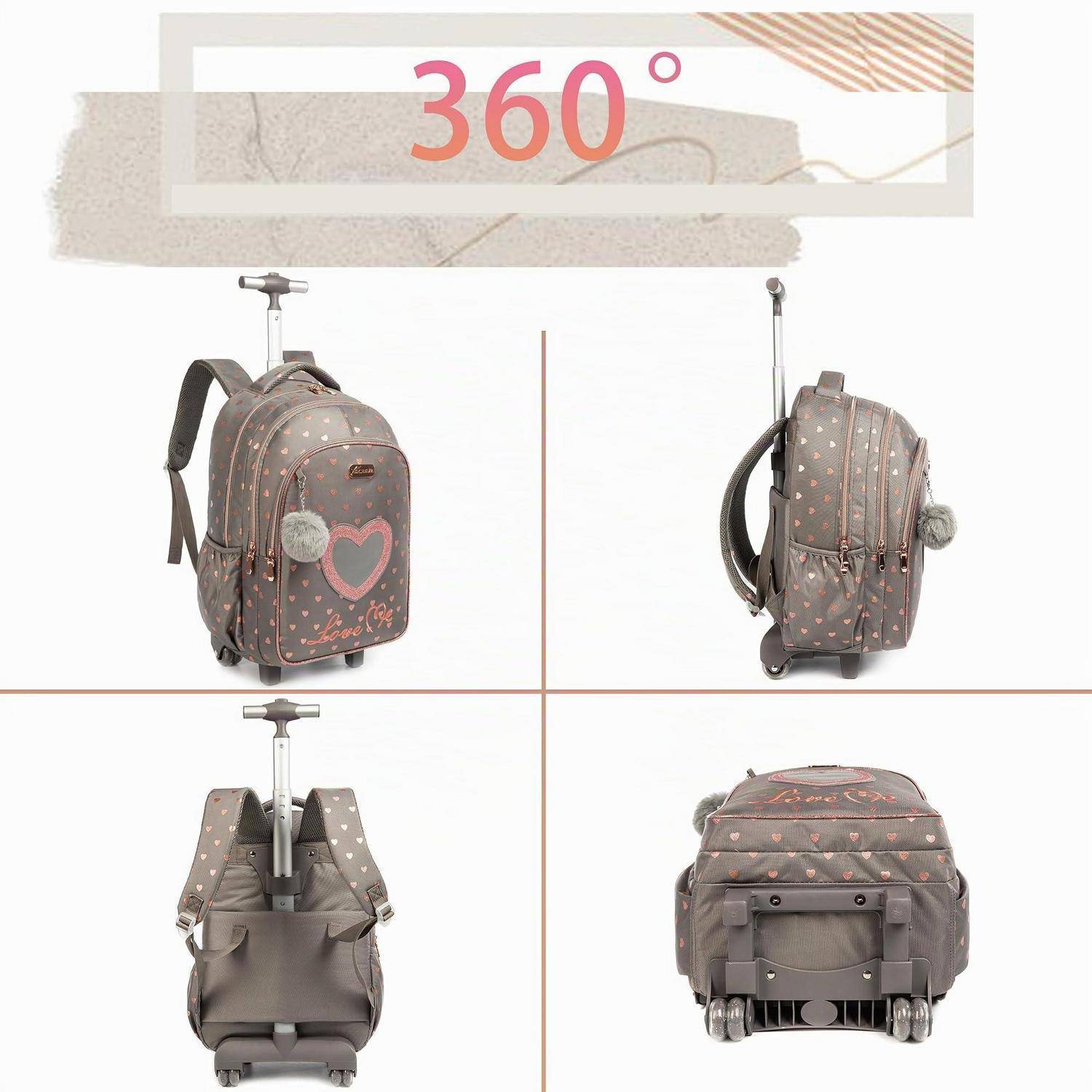 Produktabbildung aus vier Perspektiven eines grauen Rucksacks mit Rollen und Herzmuster, gezeigt von vorne, von der Seite, von hinten und von der Unterseite, beschriftet mit „360°".