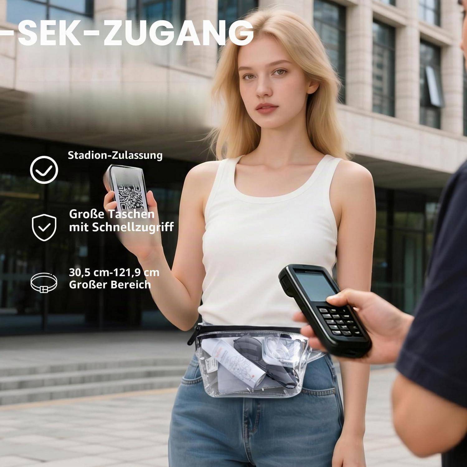 Frau am Eingang eines Veranstaltungsortes, die eine durchsichtige Bauchtasche trägt und eine Eintrittskarte hält; der Text hebt die Stadionzulassung, schnell zugängliche Taschen und den verstellbaren Größenbereich hervor.
