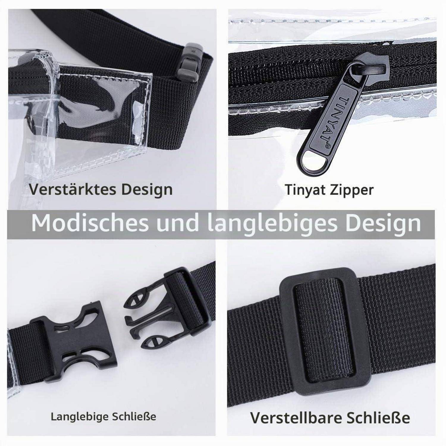 Collage einer schwarzen verstellbaren Gürteltasche mit verstärktem Design, kleinem Reißverschluss, strapazierfähiger Schnalle und verstellbarer Schnalle; Text sagt „Modisches und langlebiges Design".