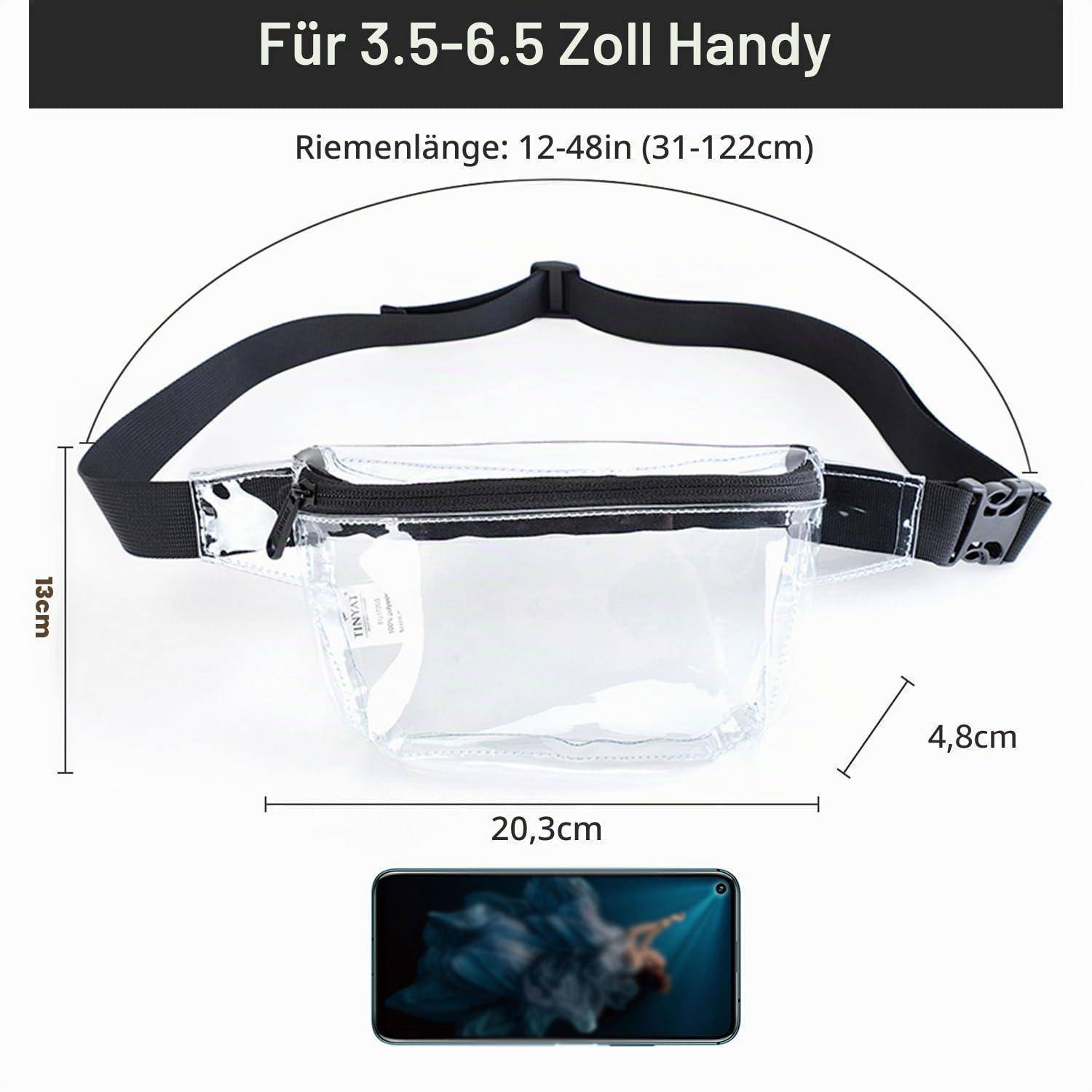 Transparente Gürteltasche mit verstellbarem Riemen für 3,5-6,5 Zoll Telefone; passt Taille 31-122 cm, Tasche 20,3 cm breit und 13 cm hoch.