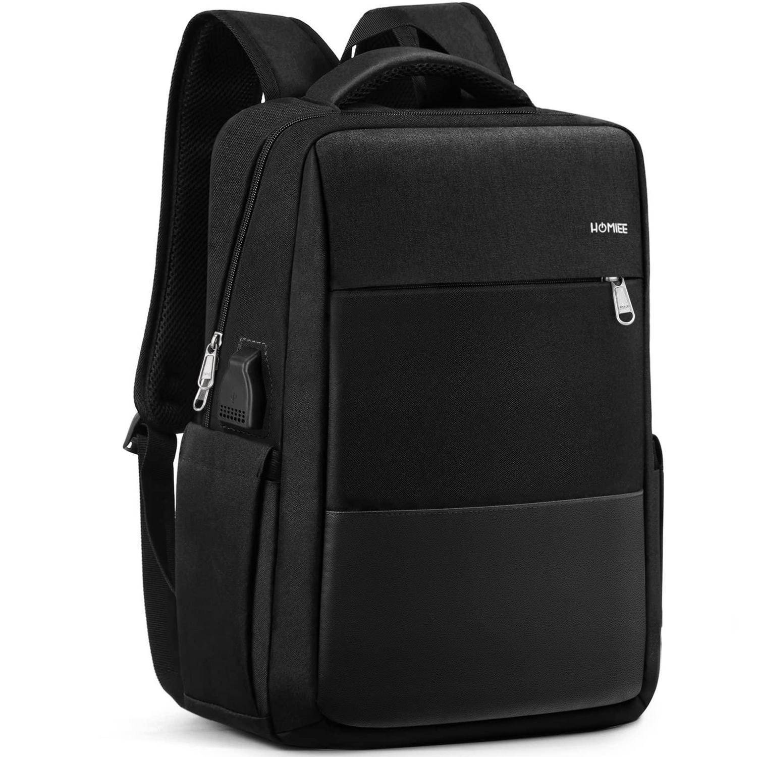 Schwarzer Laptop-Rucksack mit mehreren Reißverschlussfächern und einer Seitentasche, gezeigt auf weißem Hintergrund.