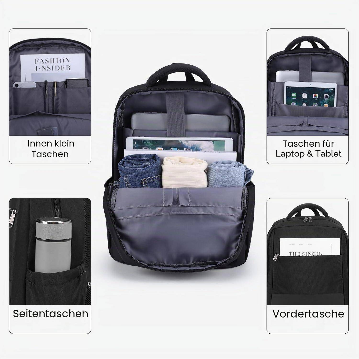 Schwarzer Rucksack mit offener Vorderseite, die organisierte Fächer für Laptop und Tablet zeigt, kleine innere Taschen, Seitentaschen und Vordertasche; auf Deutsch gekennzeichnet.